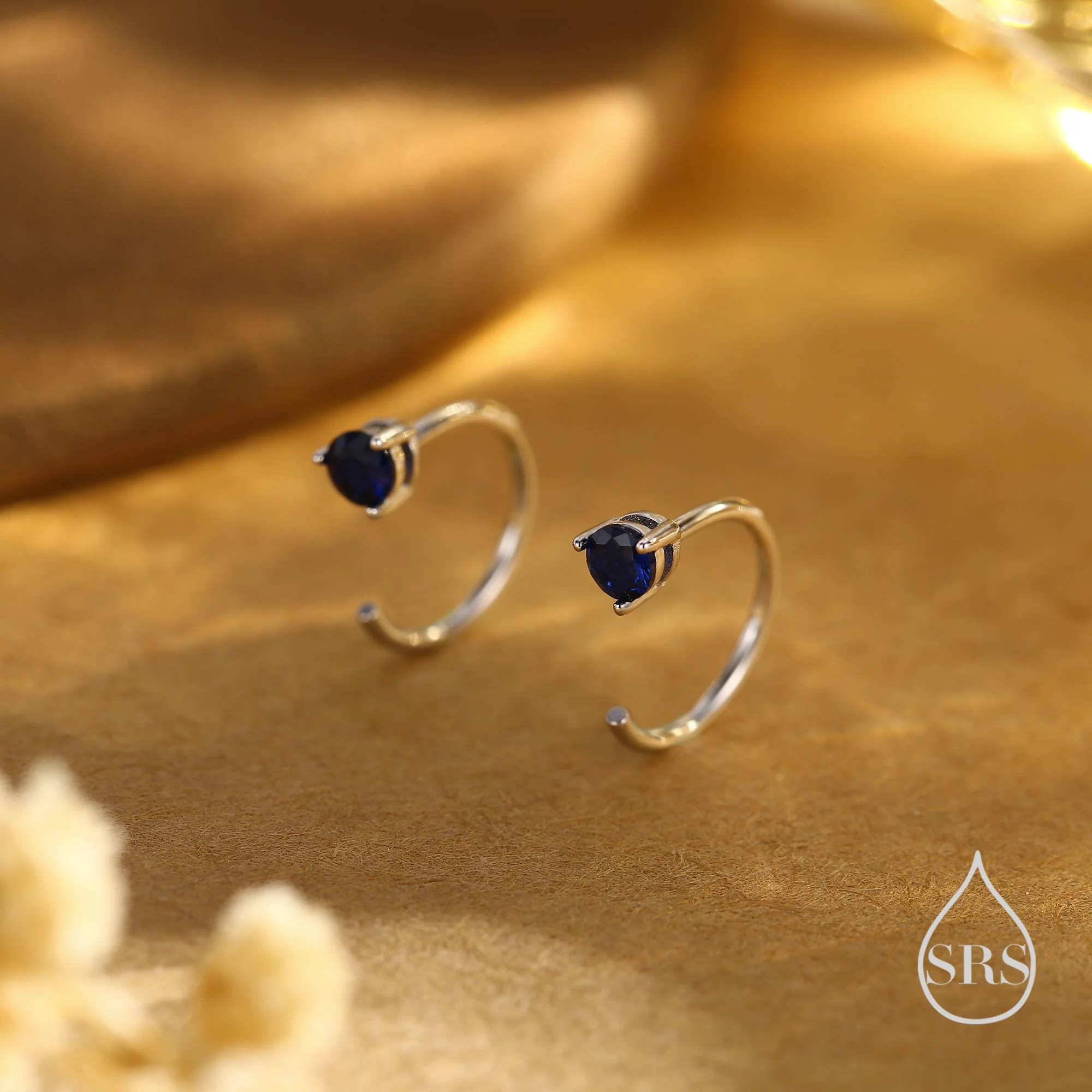 Sapphire Blue CZ Crystal Huggie Hoop Threader Earrings in Sterling Silver, 3mm Three Prong, Gold or Silver, Pull Through Open Hoops - Image 3