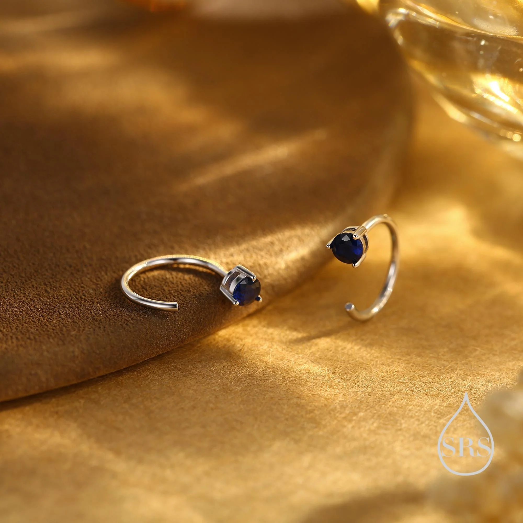 Sapphire Blue CZ Crystal Huggie Hoop Threader Earrings in Sterling Silver, 3mm Three Prong, Gold or Silver, Pull Through Open Hoops - Image 4