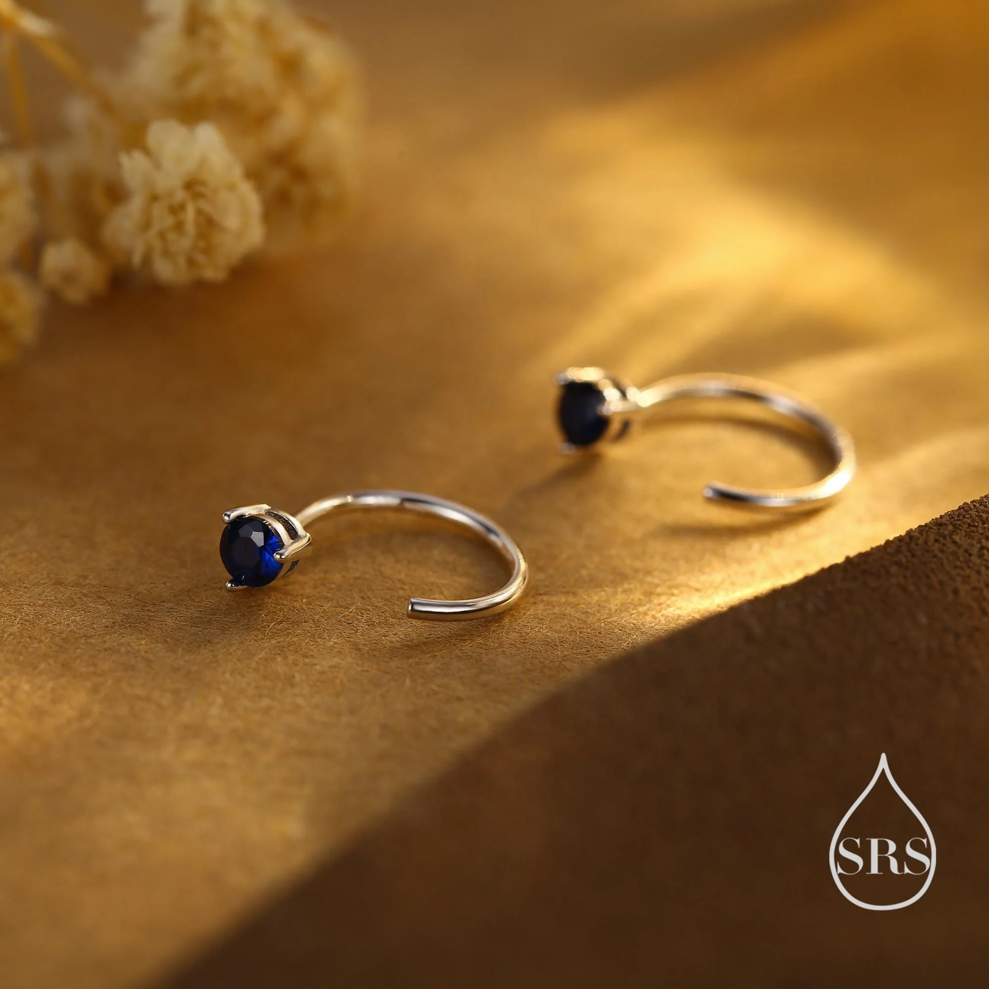 Sapphire Blue CZ Crystal Huggie Hoop Threader Earrings in Sterling Silver, 3mm Three Prong, Gold or Silver, Pull Through Open Hoops - Image 5