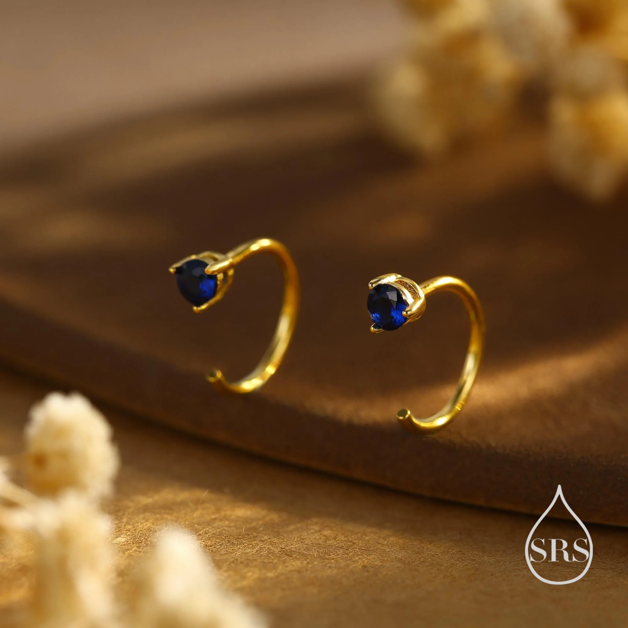 Sapphire Blue CZ Crystal Huggie Hoop Threader Earrings in Sterling Silver, 3mm Three Prong, Gold or Silver, Pull Through Open Hoops - Image 6