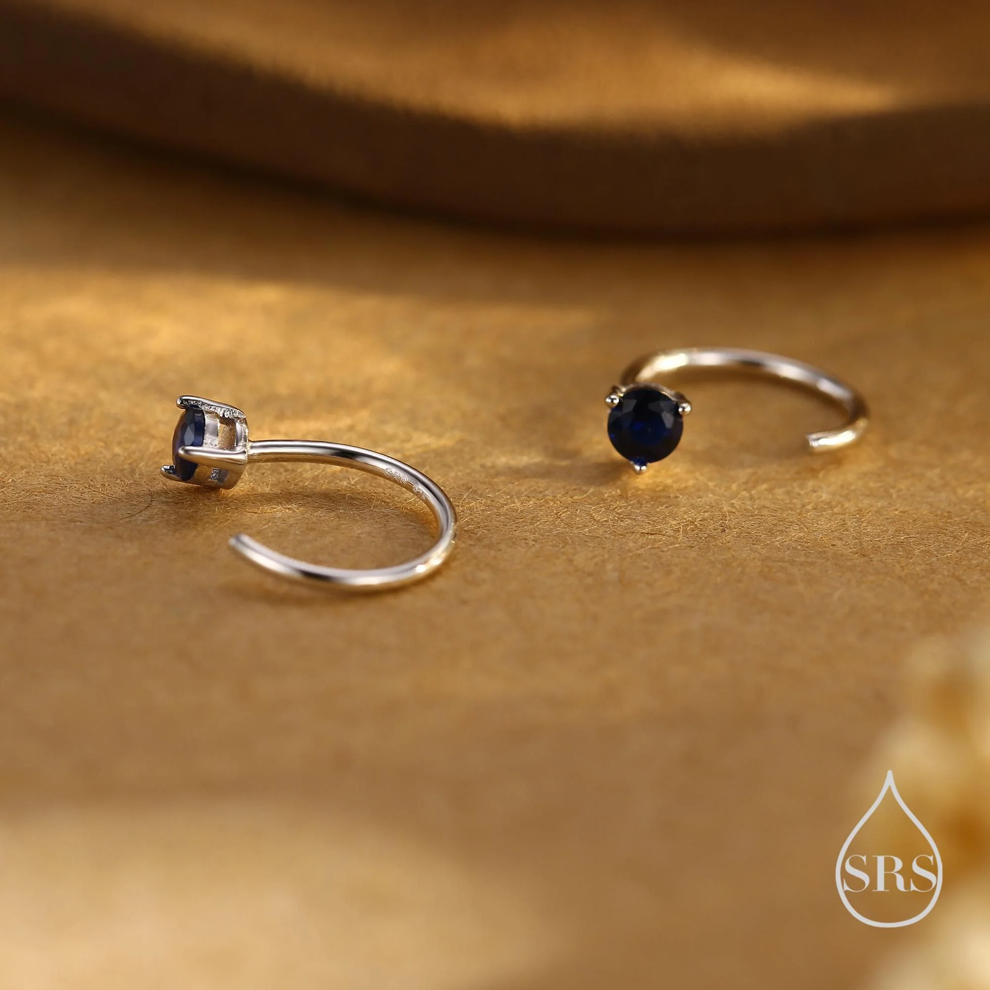 Sapphire Blue CZ Crystal Huggie Hoop Threader Earrings in Sterling Silver, 3mm Three Prong, Gold or Silver, Pull Through Open Hoops - Image 7