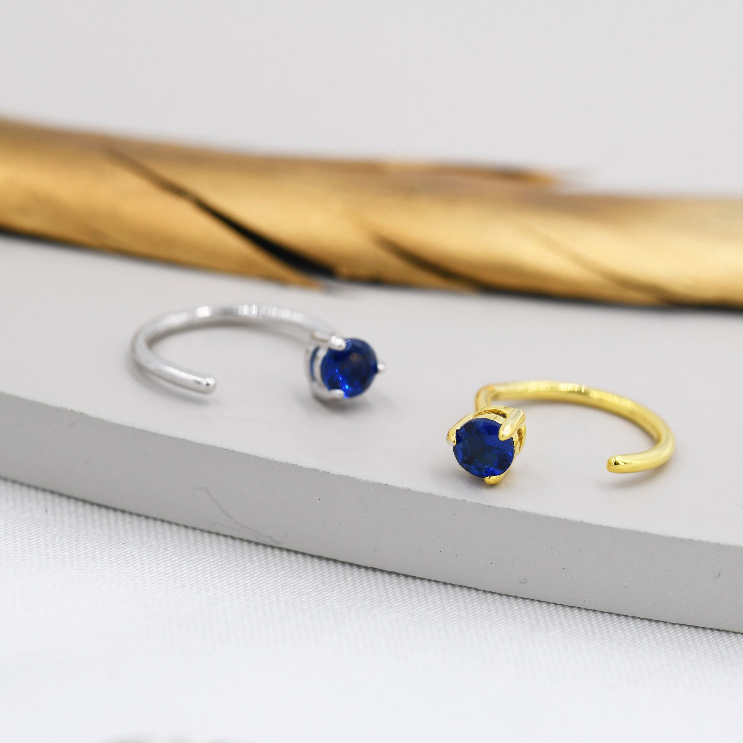 Sapphire Blue CZ Crystal Huggie Hoop Threader Earrings in Sterling Silver, 3mm Three Prong, Gold or Silver, Pull Through Open Hoops - Image 8