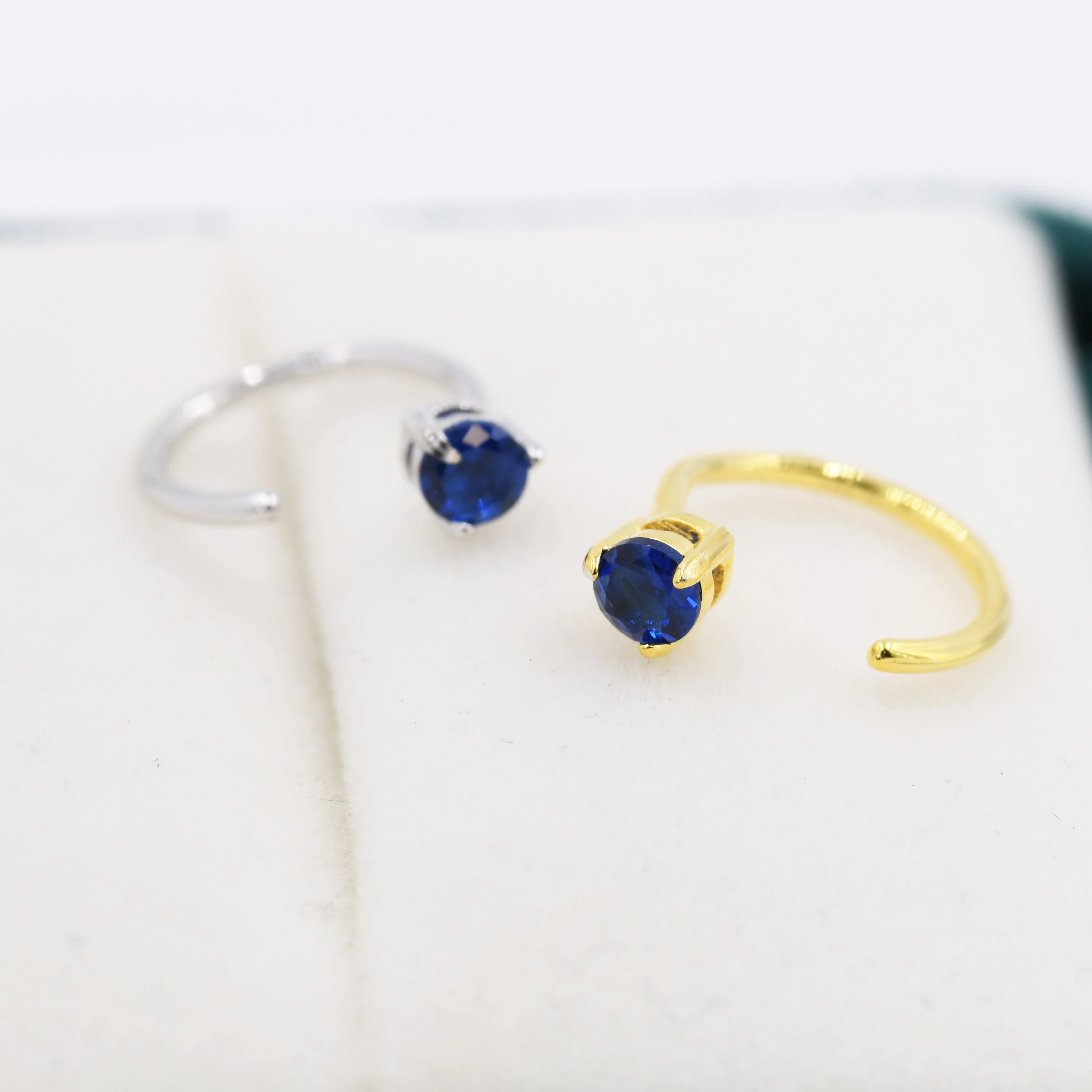 Sapphire Blue CZ Crystal Huggie Hoop Threader Earrings in Sterling Silver, 3mm Three Prong, Gold or Silver, Pull Through Open Hoops - Image 9