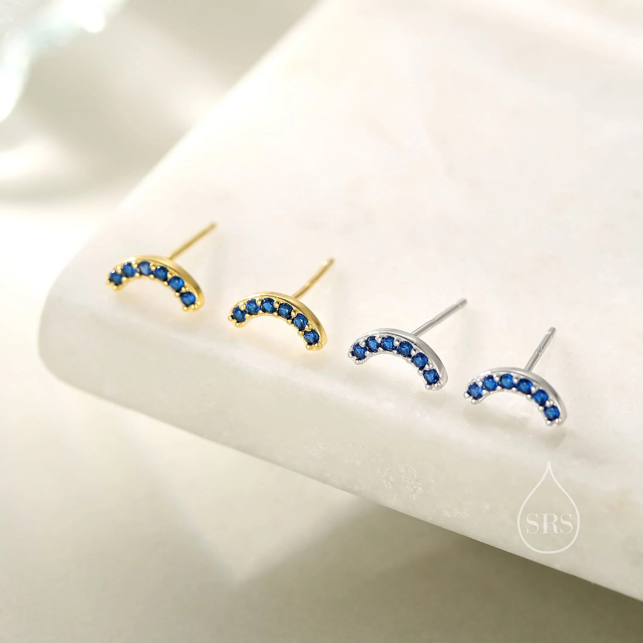 Sapphire Blue CZ Curved Bar Tiny Stud Earrings in Sterling Silver, Silver or Gold, Tiny CZ Bar Stud, Geometric Bar Earrings - Image 4