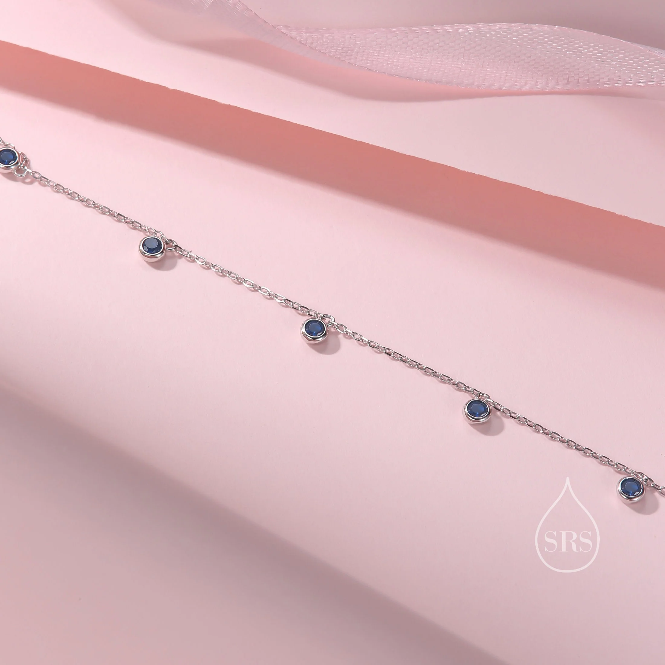 Sapphire Blue CZ Dangle Bracelet in Sterling Silver, Silver or Gold, Satellite Crystal Bracelet, Solid Silver Motif Bracelet - Image 6