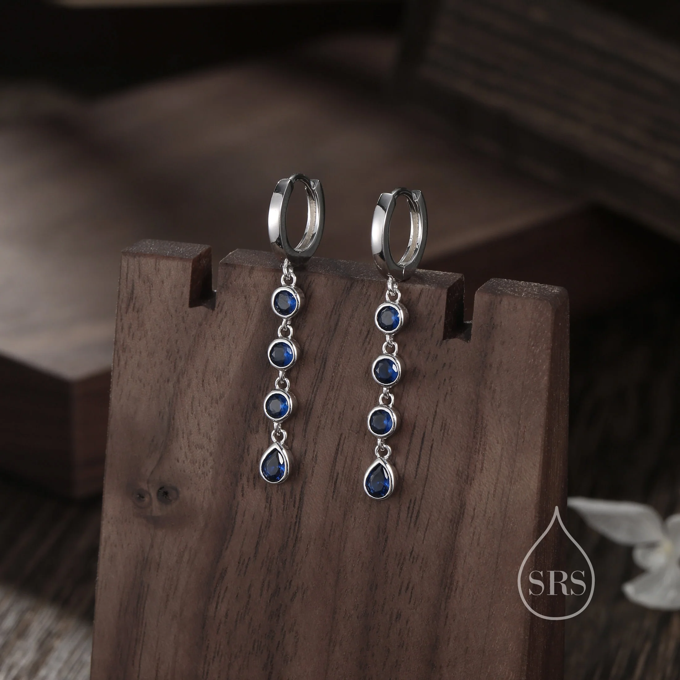 Sapphire Blue CZ Dangle Chain Huggie Hoop Earrings in Sterling Silver, Silver or Gold, CZ Drop Hoops,  Geometric Hoop Earrings - Image 3