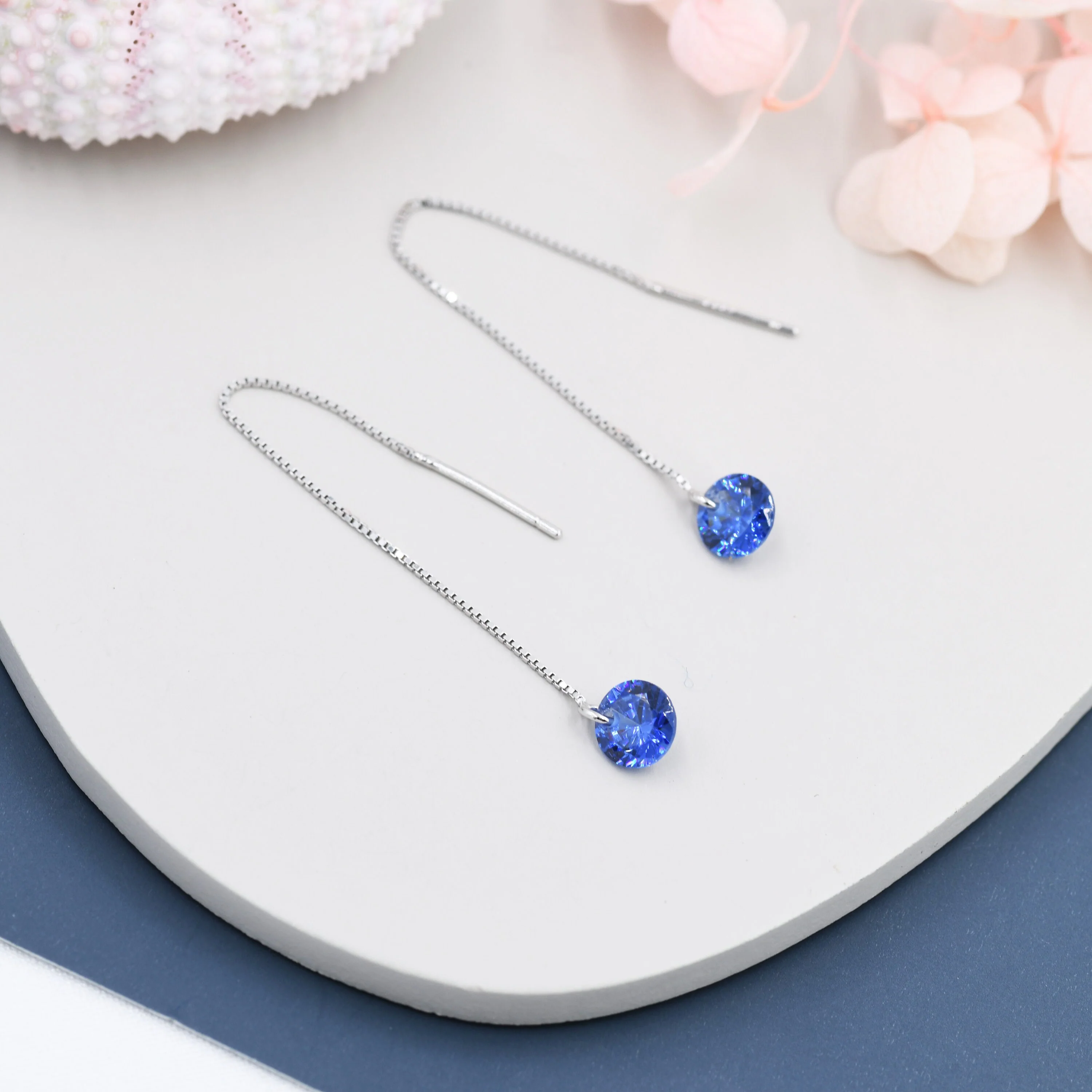 Sapphire Blue CZ Dot Threader Earrings in Sterling Silver, Minimalist Ear Threaders, September Birthstone - Image 4