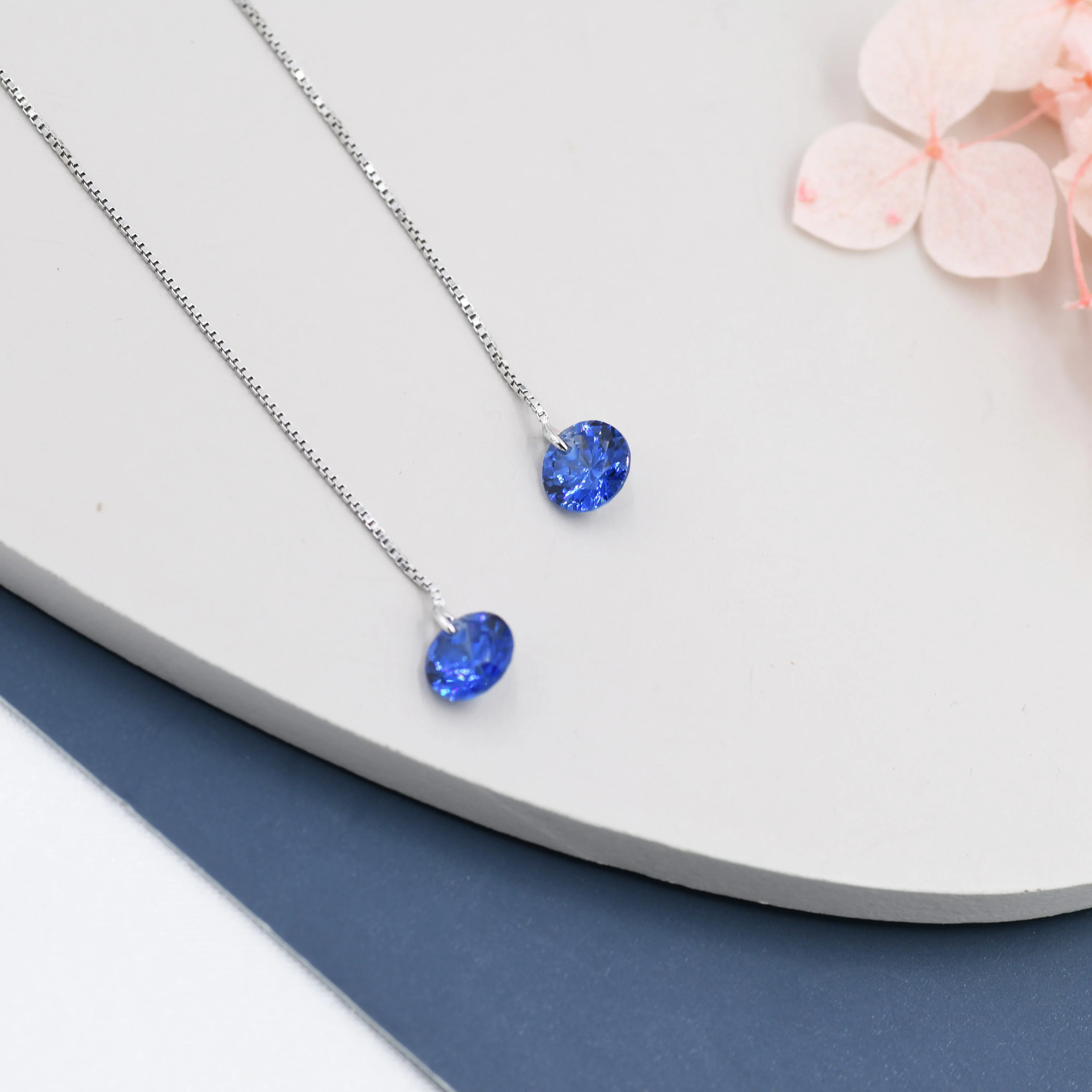 Sapphire Blue CZ Dot Threader Earrings in Sterling Silver, Minimalist Ear Threaders, September Birthstone - Image 7