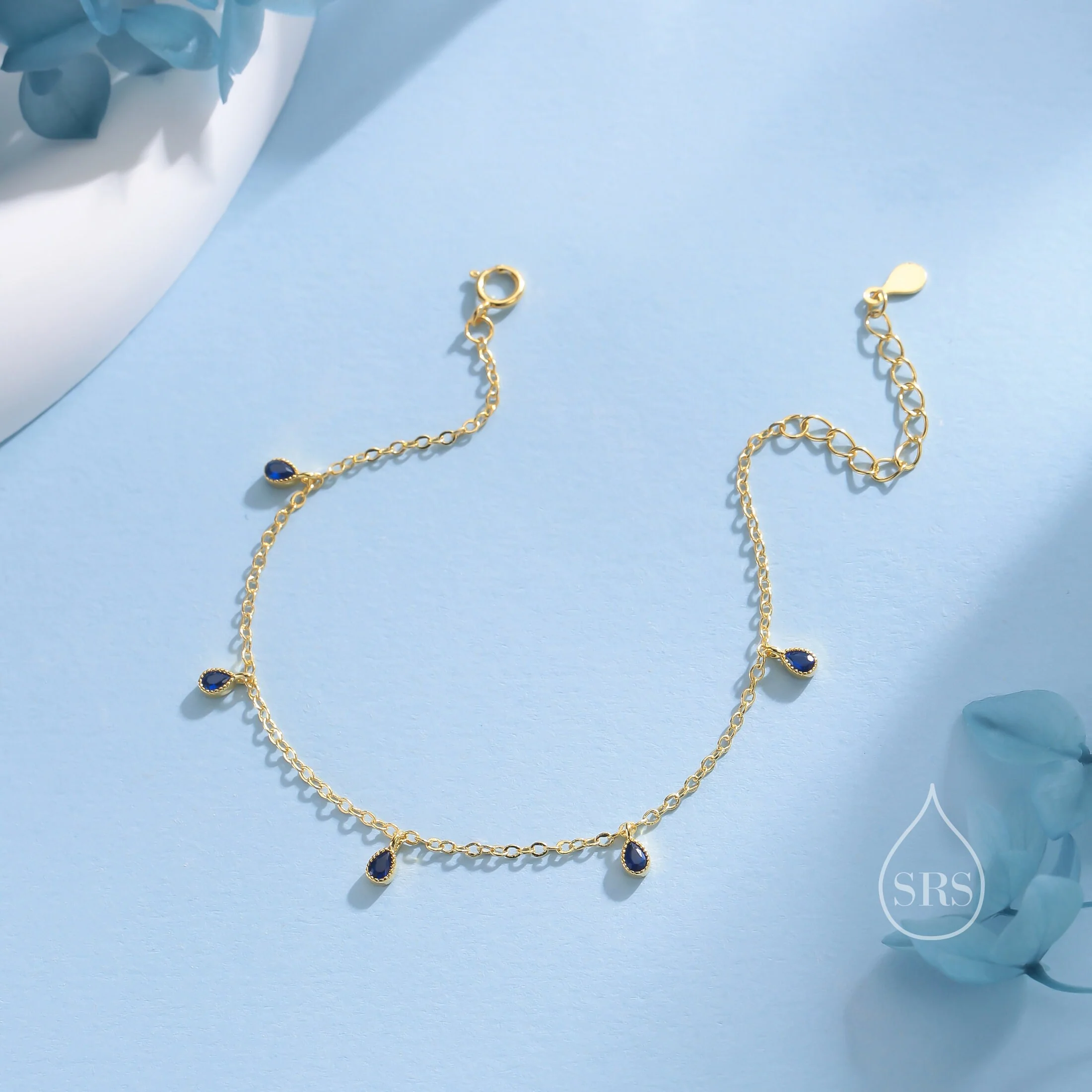 Sapphire Blue CZ Droplet Bracelet in Sterling Silver, Silver or Gold, Silver Blue CZ Pear Cut Bezel Bracelet, CZ Cluster Bracelet - Image 4