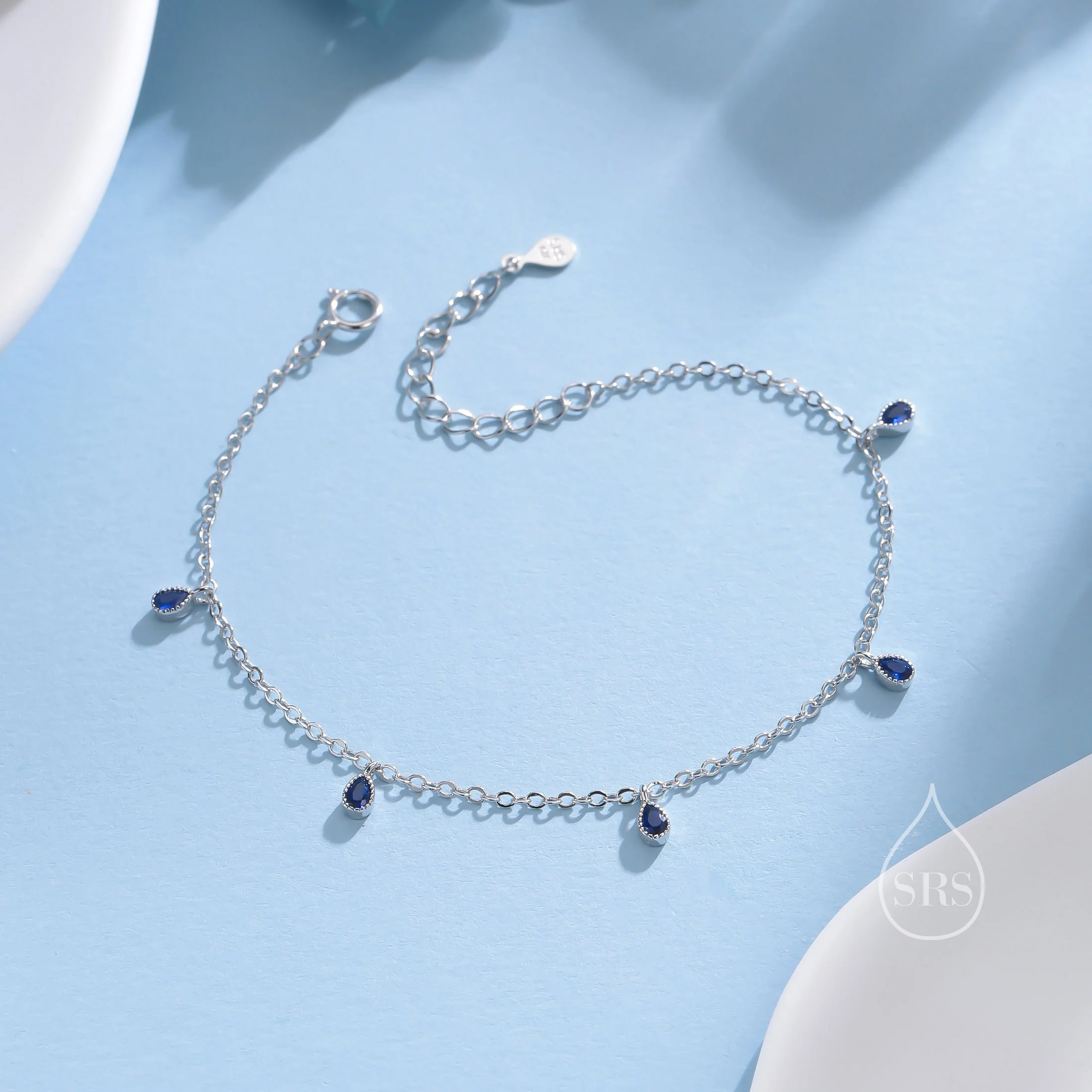 Sapphire Blue CZ Droplet Bracelet in Sterling Silver, Silver or Gold, Silver Blue CZ Pear Cut Bezel Bracelet, CZ Cluster Bracelet - Image 5