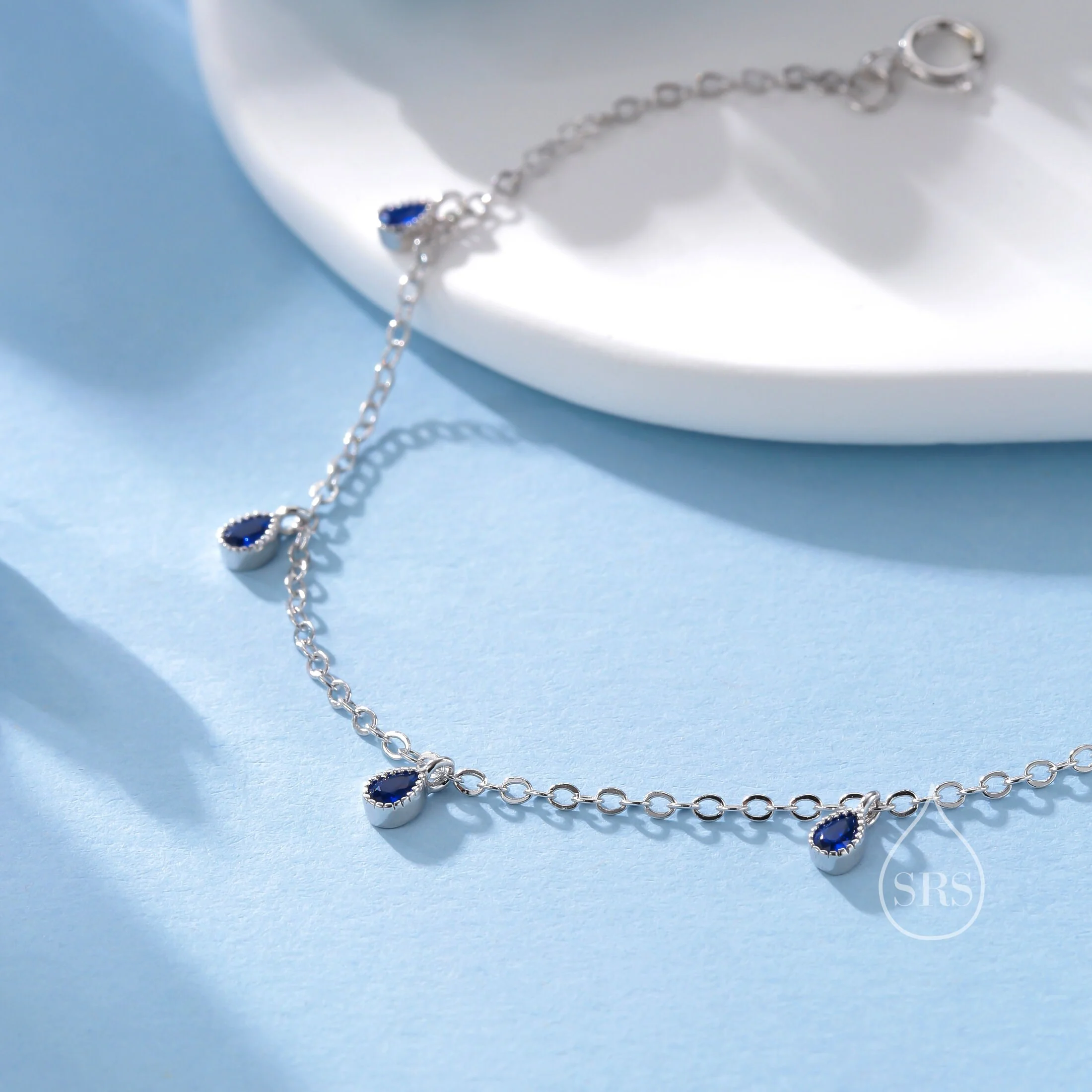 Sapphire Blue CZ Droplet Bracelet in Sterling Silver, Silver or Gold, Silver Blue CZ Pear Cut Bezel Bracelet, CZ Cluster Bracelet - Image 7