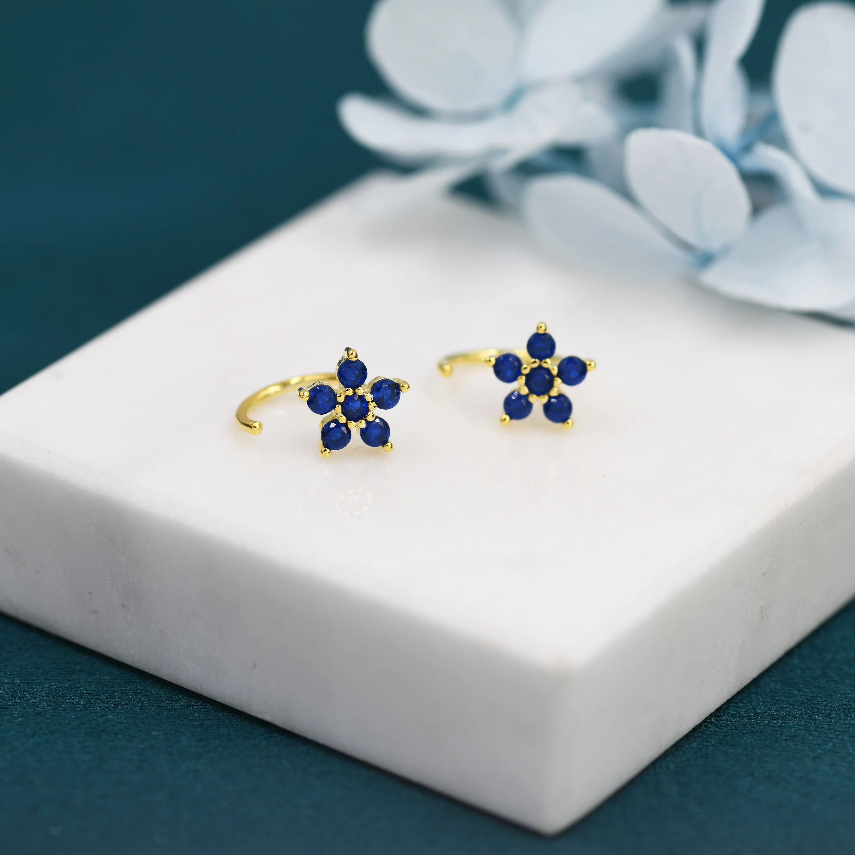 Sapphire Blue CZ Flower Huggie Hoop Earrings in Sterling Silver, Gold or Silver, CZ Flower Threader Hoop Earrings, Pull Through, C Shape
