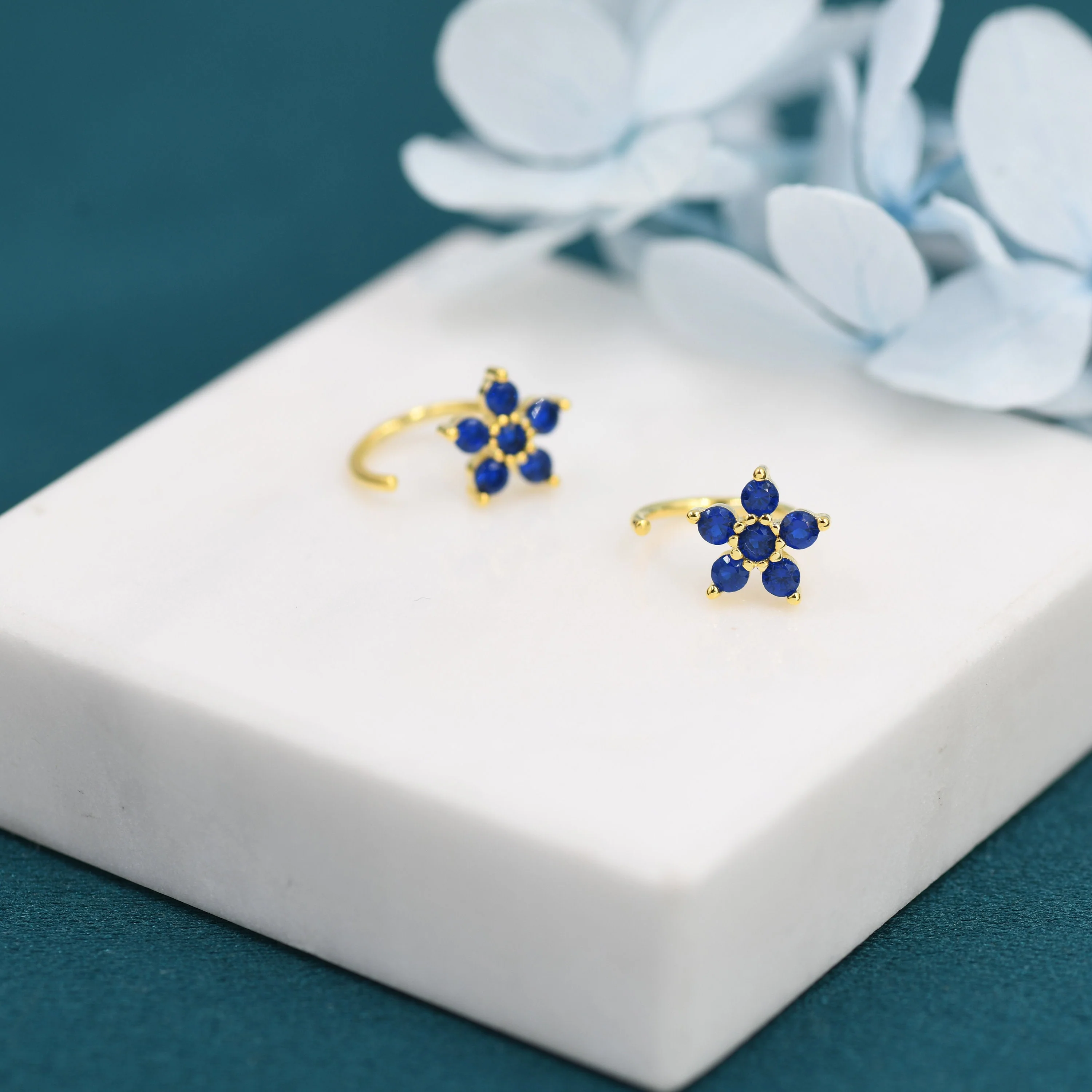 Sapphire Blue CZ Flower Huggie Hoop Earrings in Sterling Silver, Gold or Silver, CZ Flower Threader Hoop Earrings, Pull Through, C Shape - Image 2
