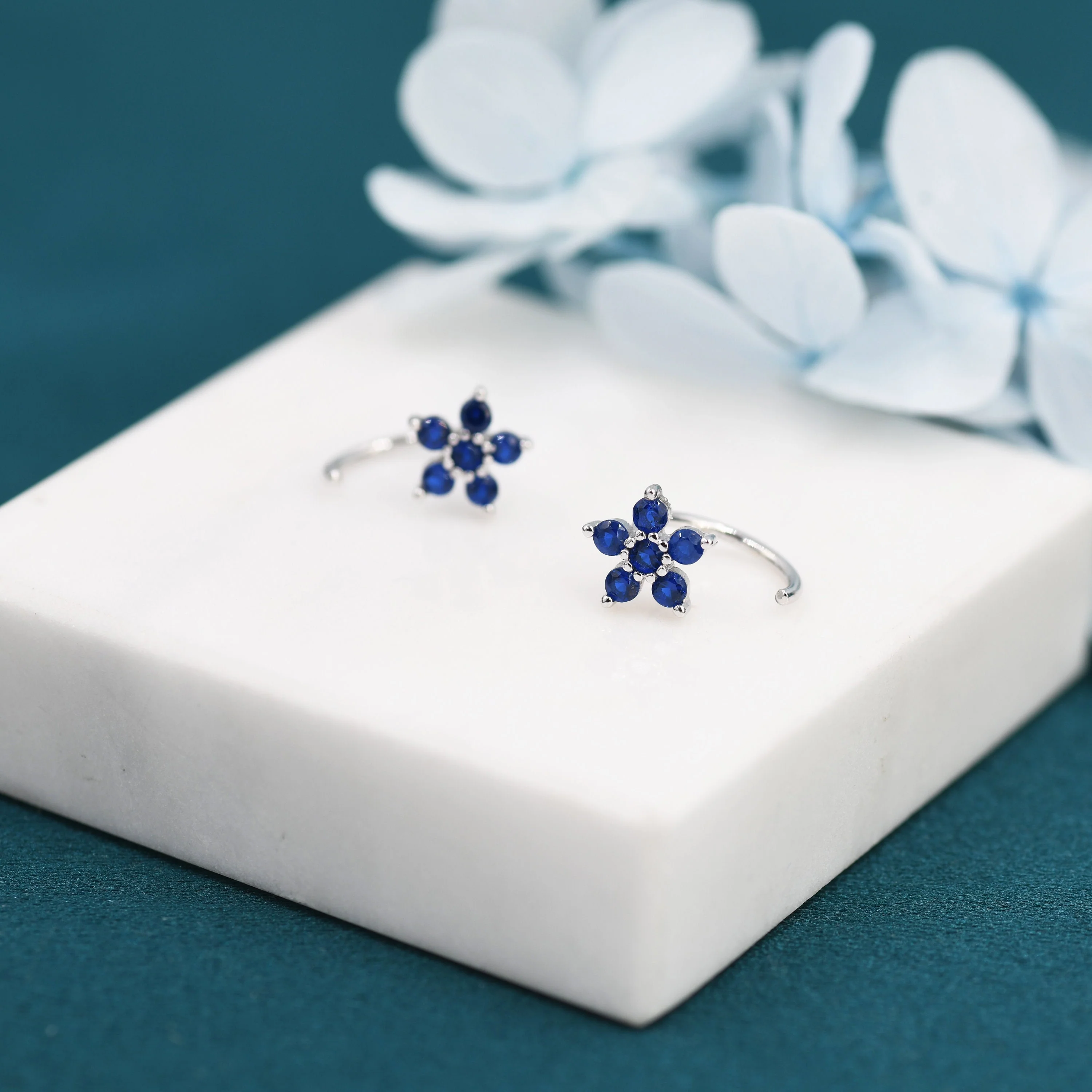 Sapphire Blue CZ Flower Huggie Hoop Earrings in Sterling Silver, Gold or Silver, CZ Flower Threader Hoop Earrings, Pull Through, C Shape - Image 3