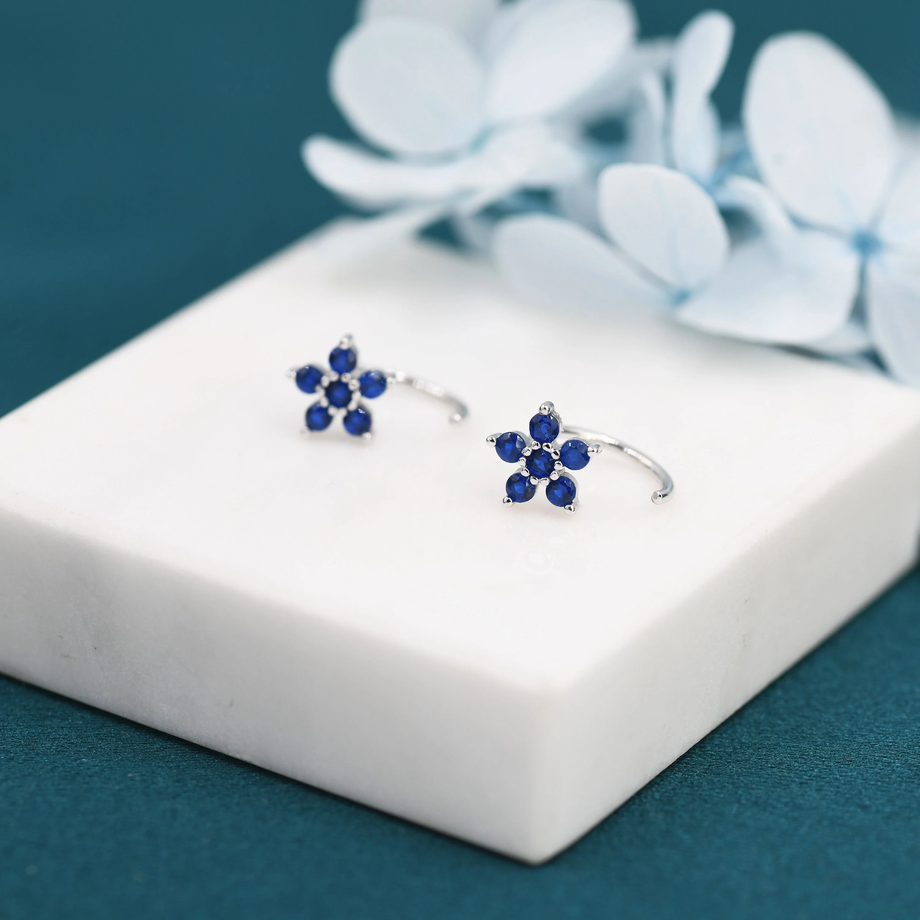 Sapphire Blue CZ Flower Huggie Hoop Earrings in Sterling Silver, Gold or Silver, CZ Flower Threader Hoop Earrings, Pull Through, C Shape - Image 4