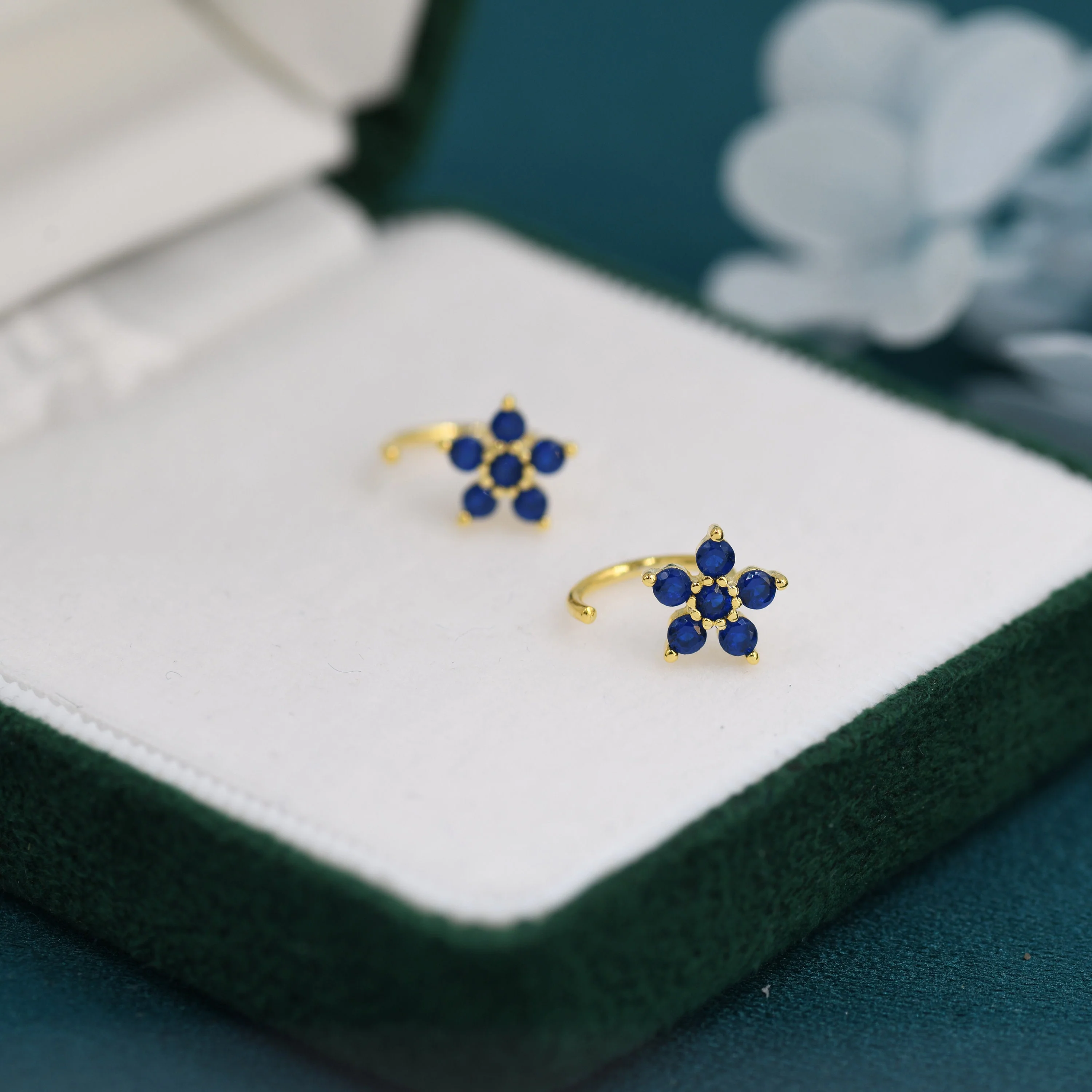 Sapphire Blue CZ Flower Huggie Hoop Earrings in Sterling Silver, Gold or Silver, CZ Flower Threader Hoop Earrings, Pull Through, C Shape - Image 5