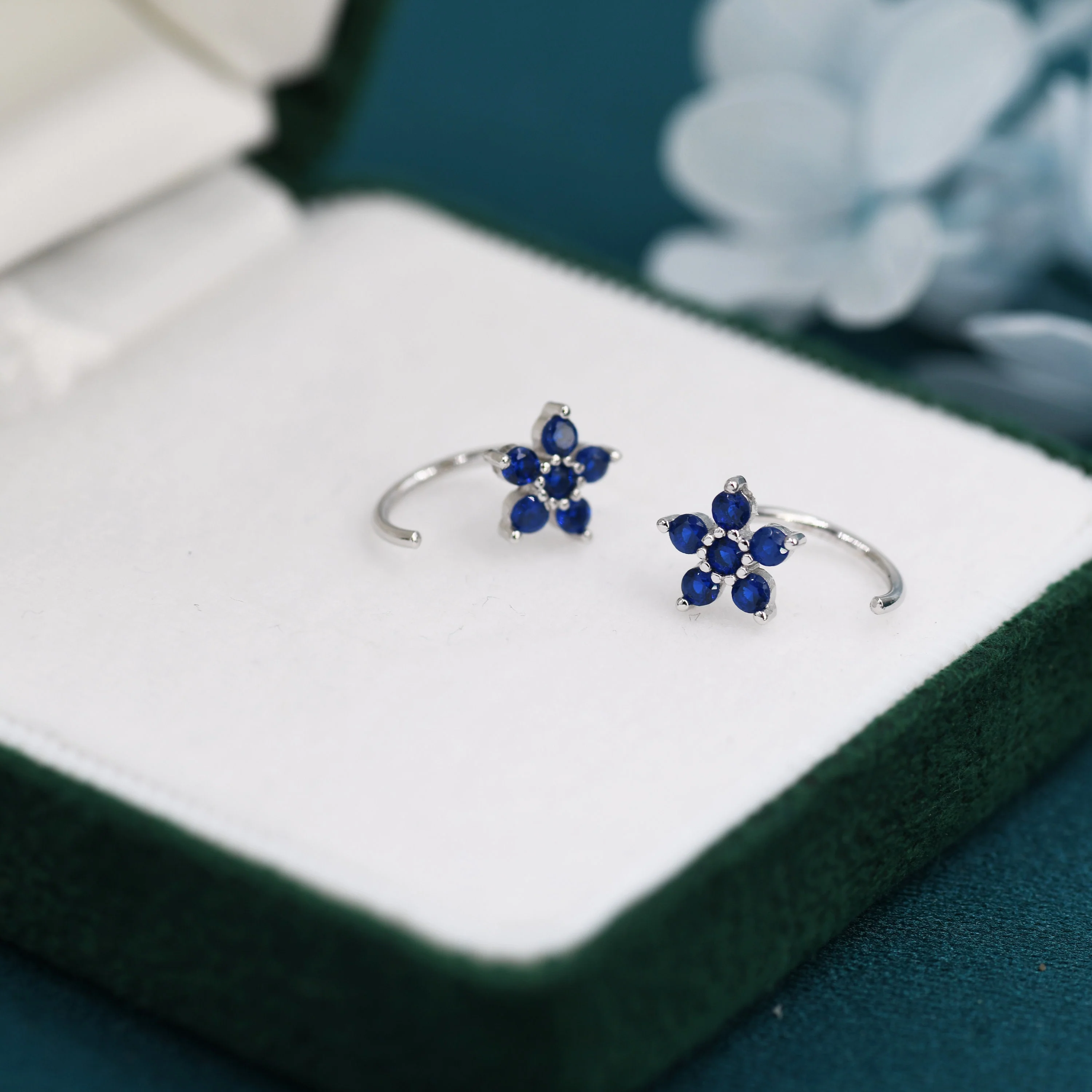 Sapphire Blue CZ Flower Huggie Hoop Earrings in Sterling Silver, Gold or Silver, CZ Flower Threader Hoop Earrings, Pull Through, C Shape - Image 6