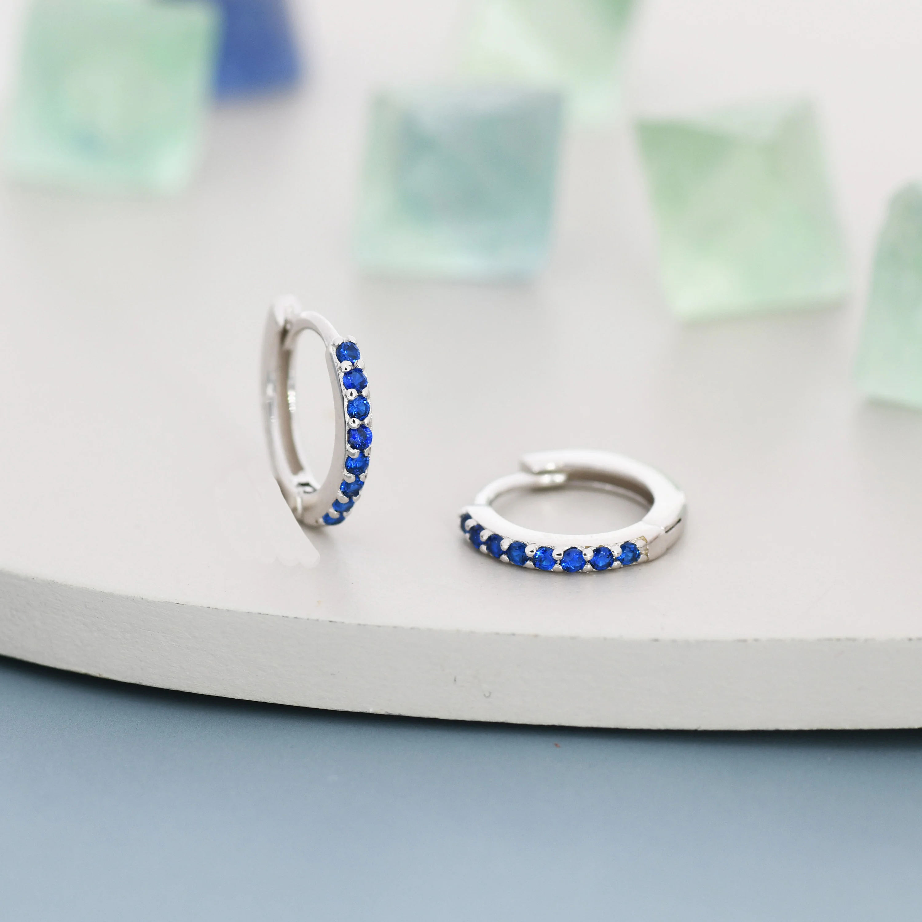 Sapphire Blue CZ Huggie Hoops in Sterling Silver, Silver or Gold, 6mm, 7mm, 8mm and 9mm Inner Diameter Hoop Earrings, Turquoise Earrings - Image 2