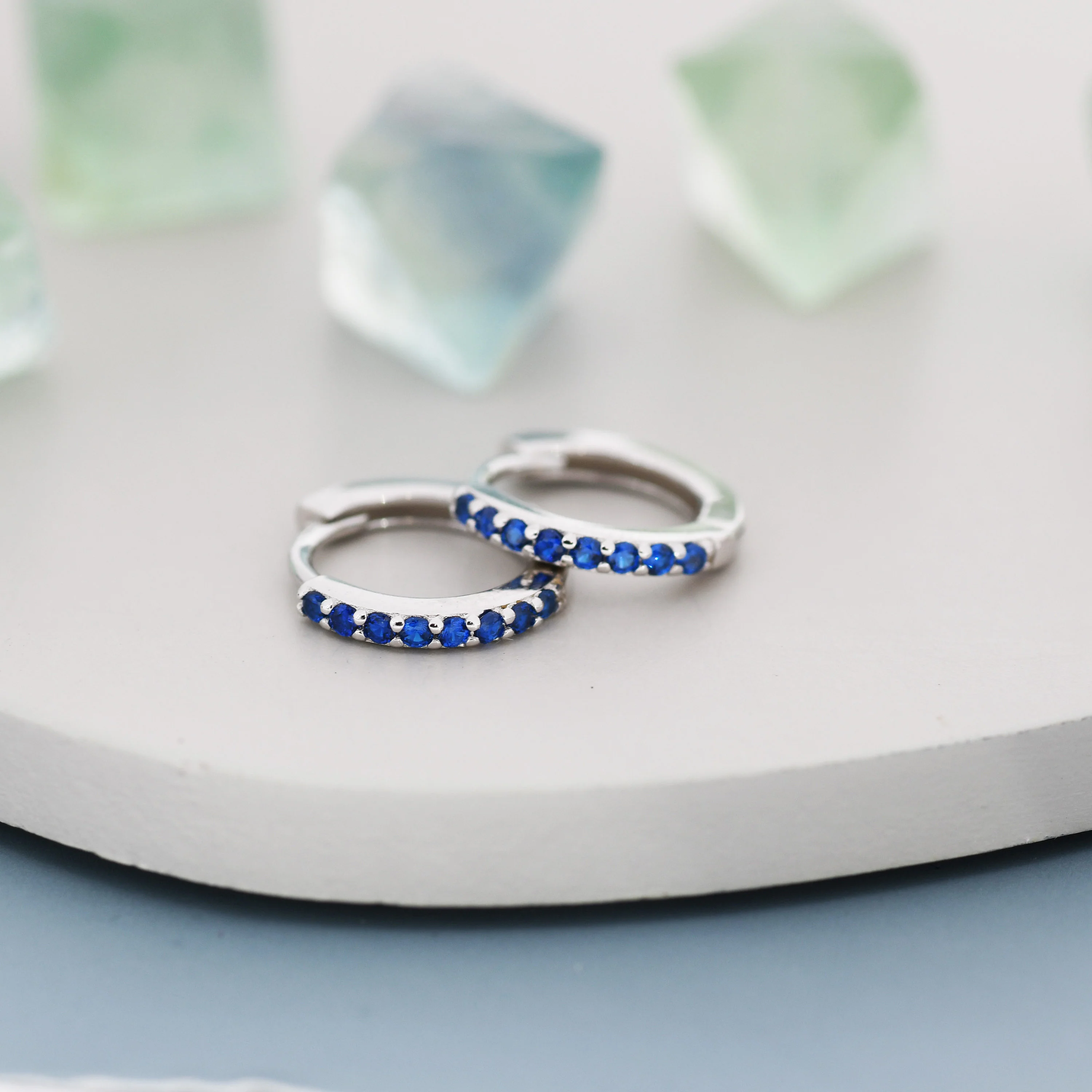 Sapphire Blue CZ Huggie Hoops in Sterling Silver, Silver or Gold, 6mm, 7mm, 8mm and 9mm Inner Diameter Hoop Earrings, Turquoise Earrings - Image 3