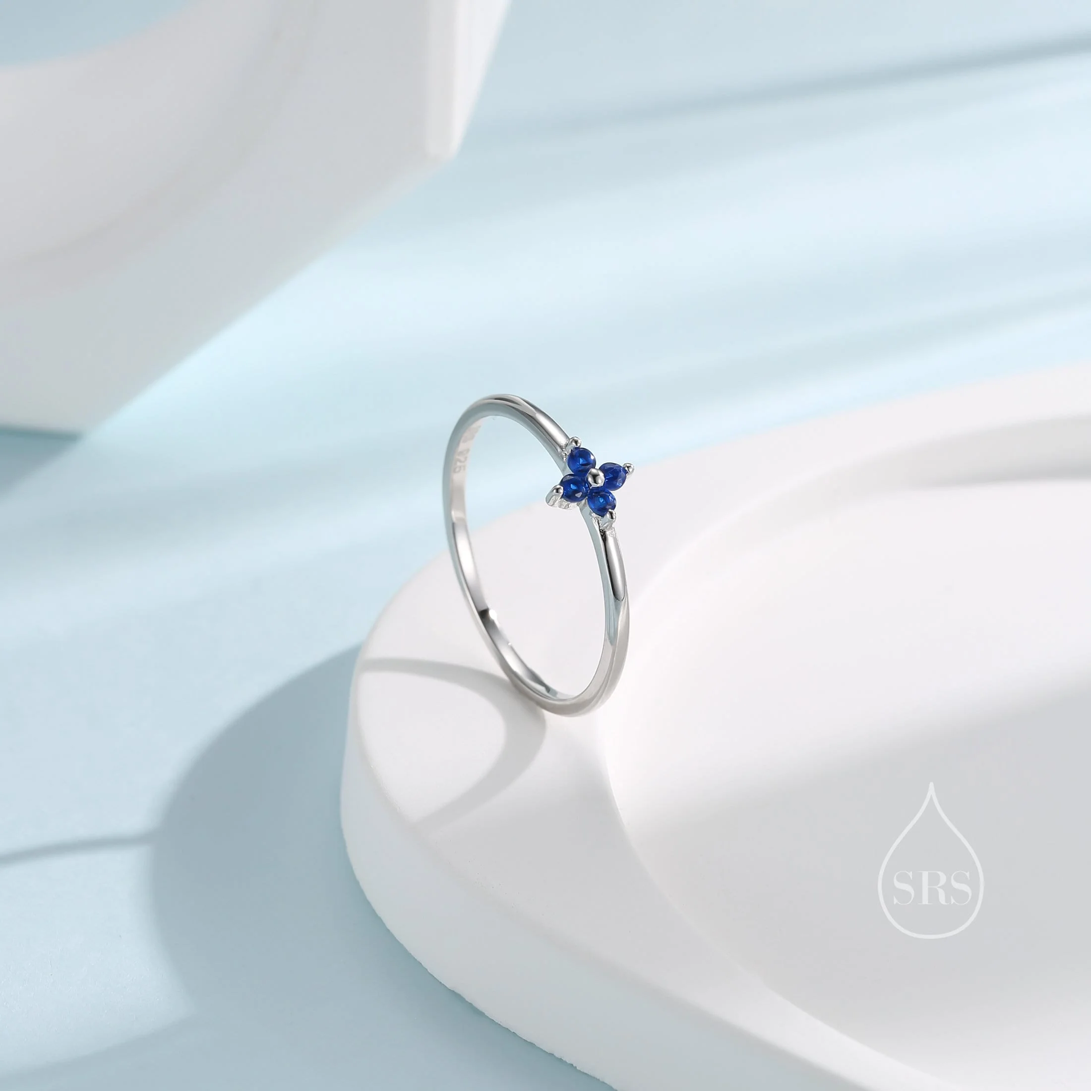 Sapphire Blue CZ Hydrangea Flower Minimalist Ring in Sterling Silver, Four Crystal Flower Ring, Tiny CZ Ring, US Size 5-8 - Image 3