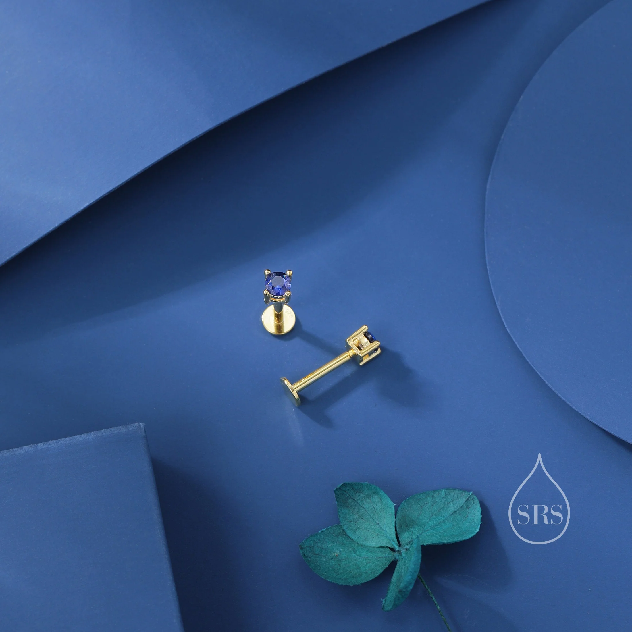 Sapphire Blue CZ Internally Threaded Flat Back Earrings in Sterling Silver, Silver or Gold - Image 6