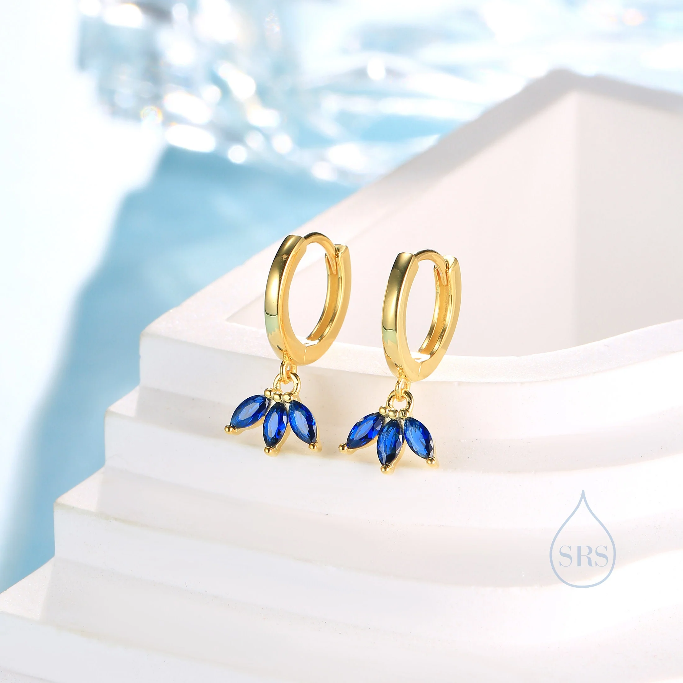 Sapphire Blue CZ Marquise Crown Huggie Hoop Earrings in Sterling Silver, Silver or Gold, Geometric Hoop Earrings - Image 2