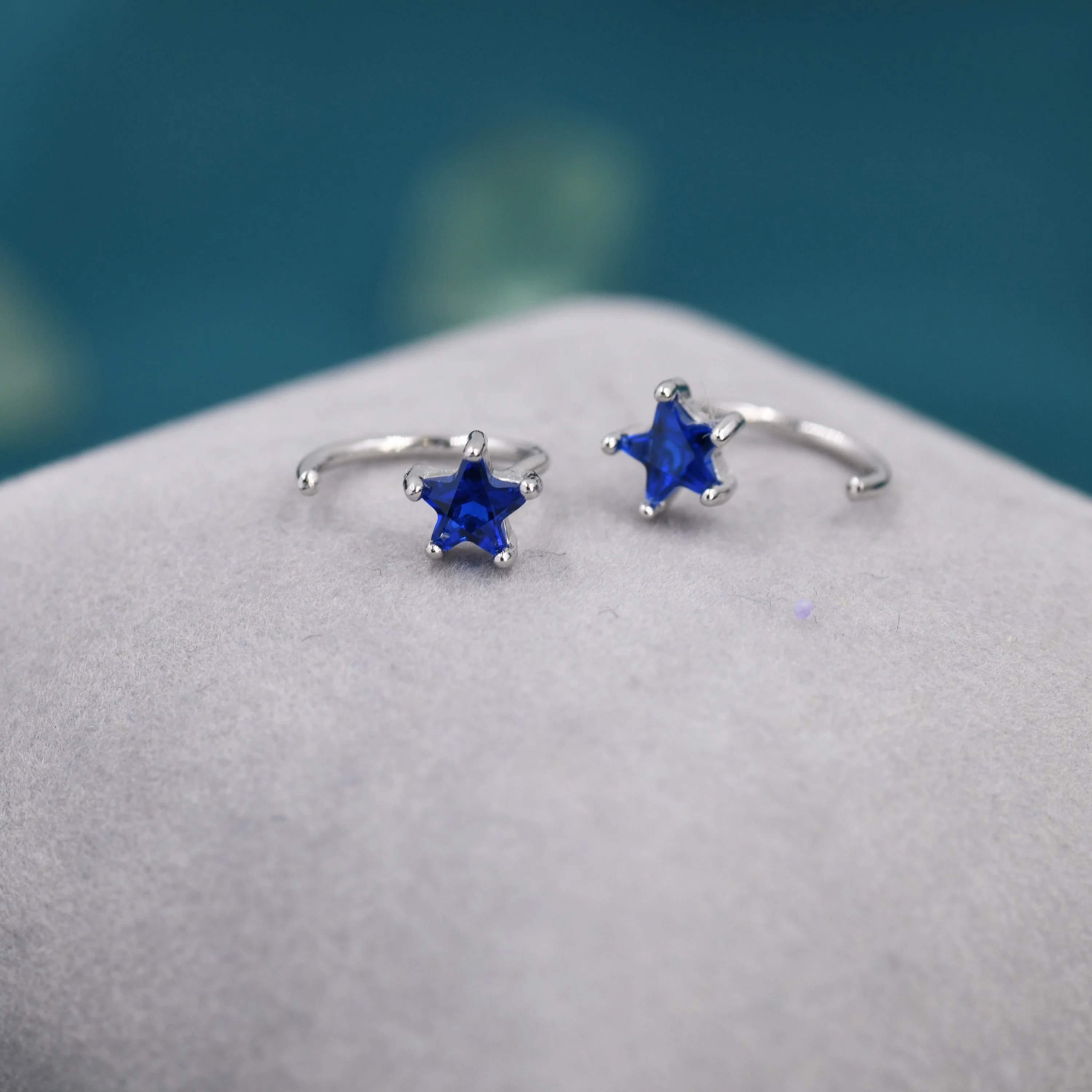 Sapphire Blue CZ Star Huggie Hoop Earrings in Sterling Silver, Tiny Blue Star CZ Trio Open Hoops, Pull Through Threaders, Half Hoops - Image 4