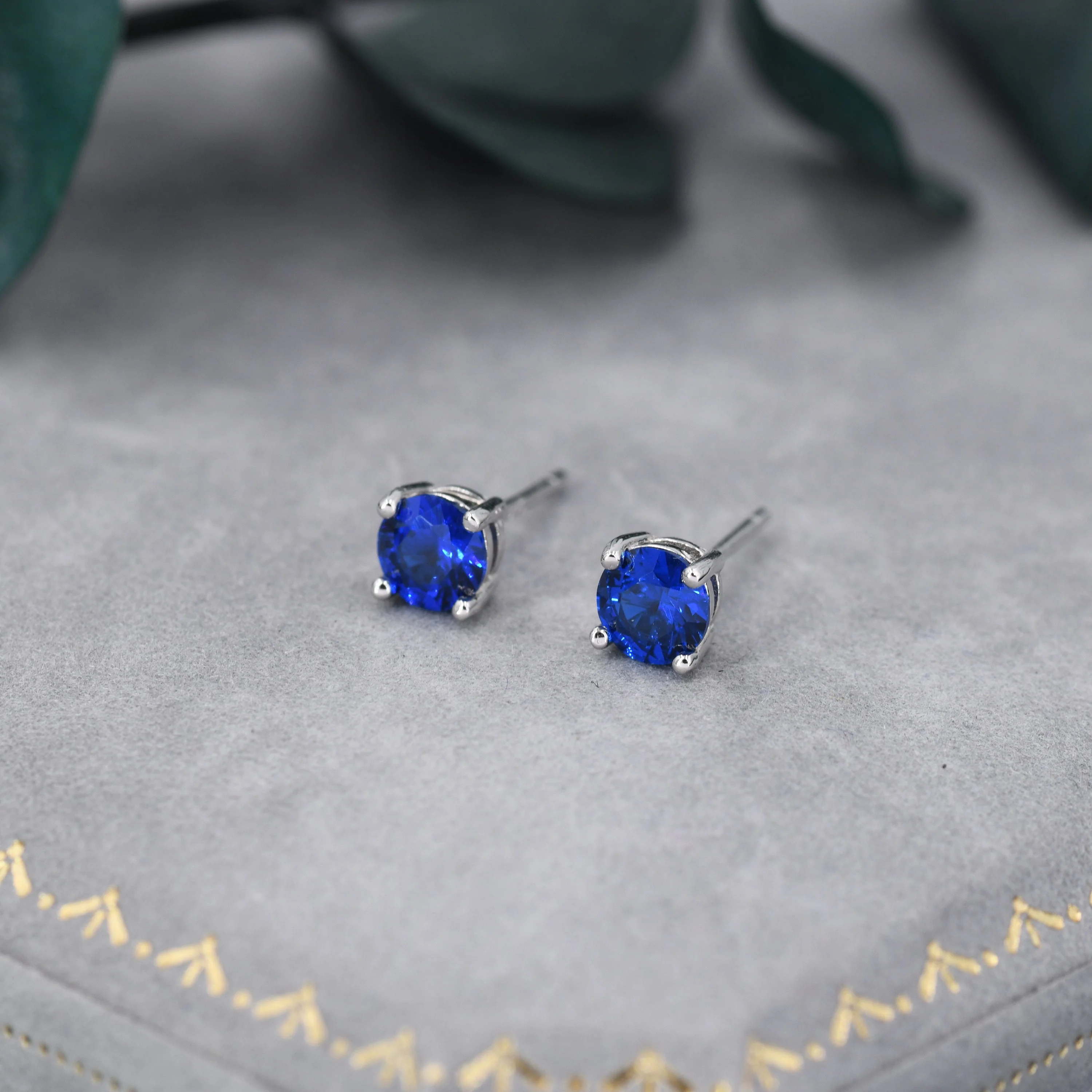 Sapphire Blue CZ Stud Earrings in Sterling Silver, 5mm Brilliant Cut Crystal Earrings, September Birthstone - Image 2