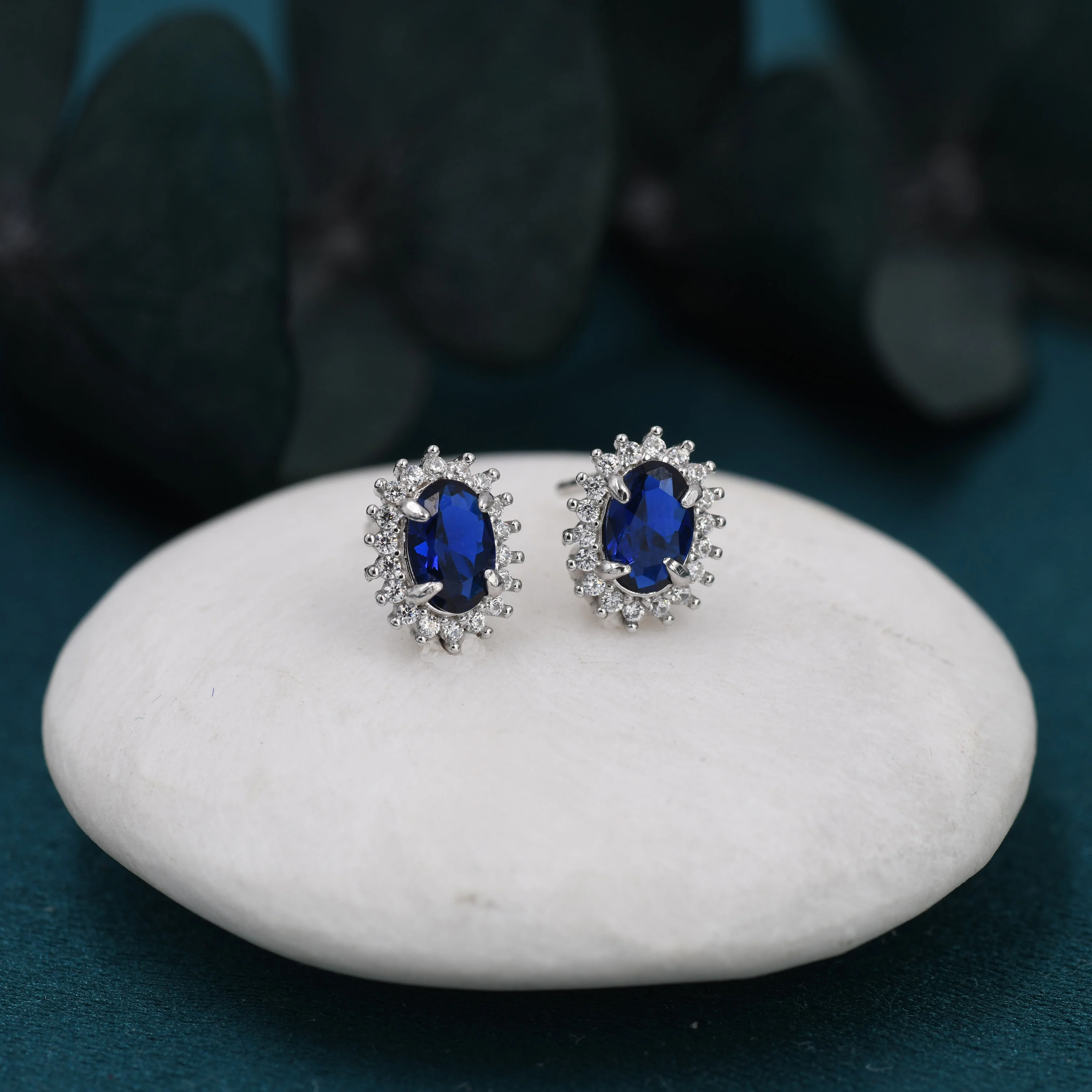 Sapphire Blue CZ Stud Earrings in Sterling Silver, Blue Oval Crystal Stud Earrings, September Birthstone - Image 3