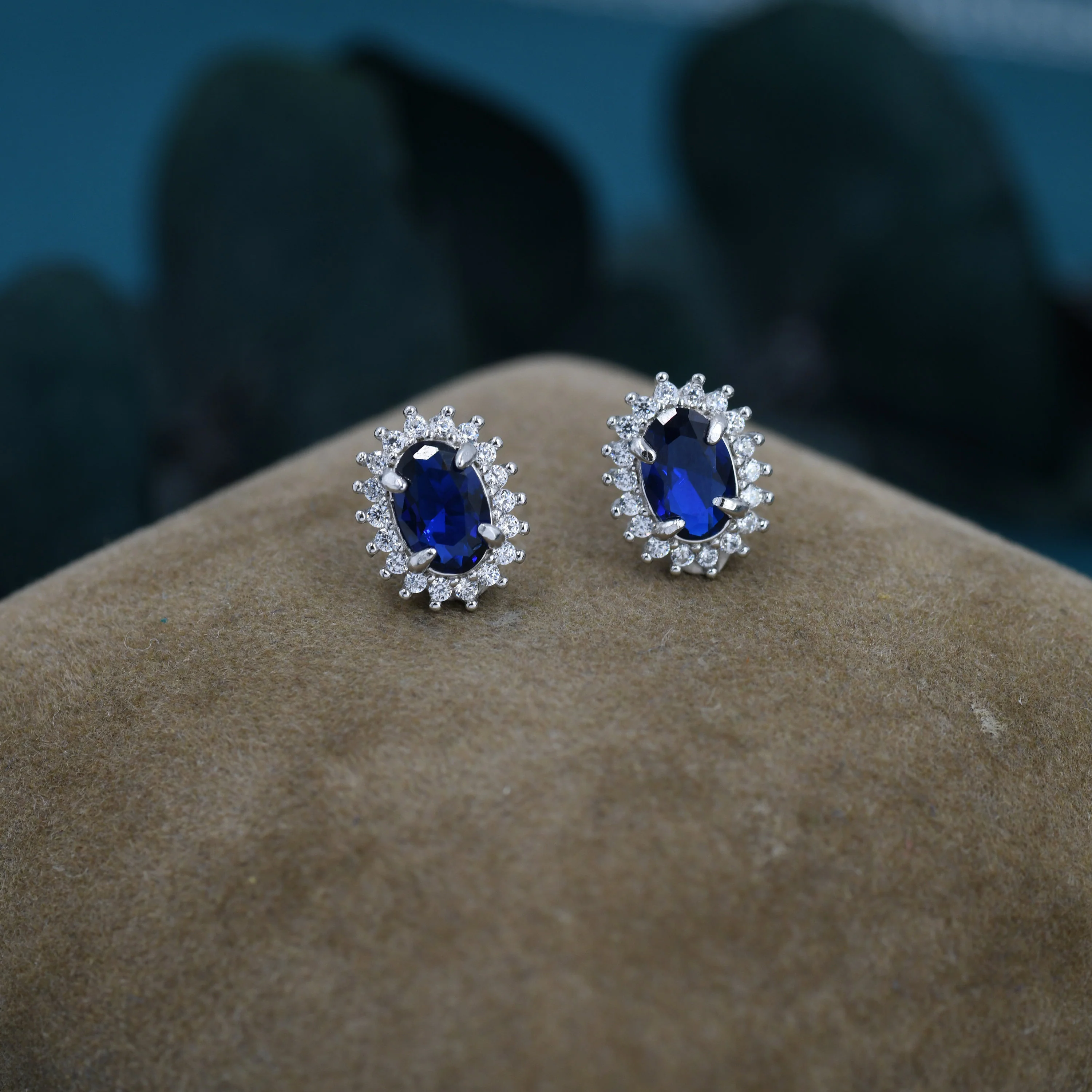 Sapphire Blue CZ Stud Earrings in Sterling Silver, Blue Oval Crystal Stud Earrings, September Birthstone - Image 4