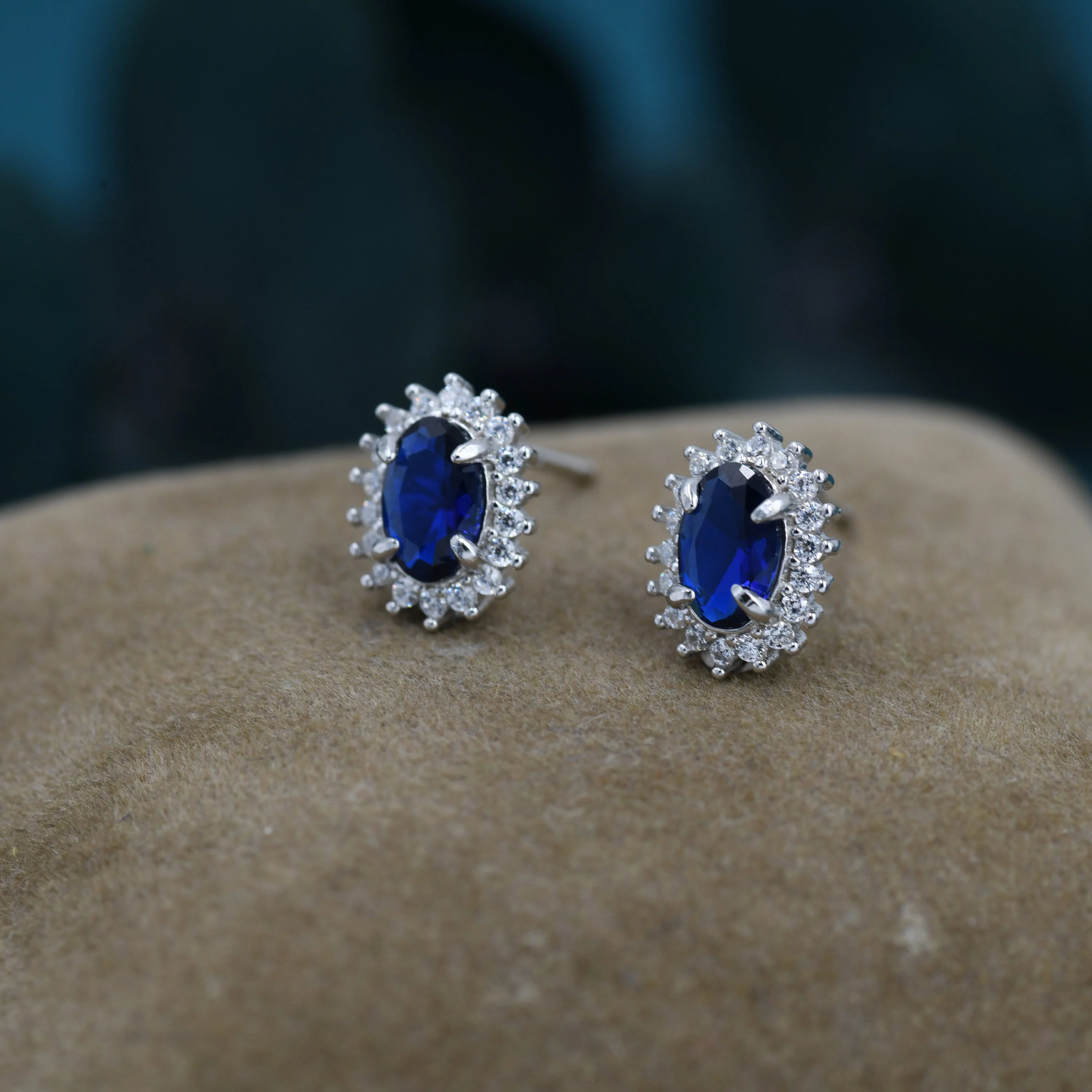 Sapphire Blue CZ Stud Earrings in Sterling Silver, Blue Oval Crystal Stud Earrings, September Birthstone - Image 5
