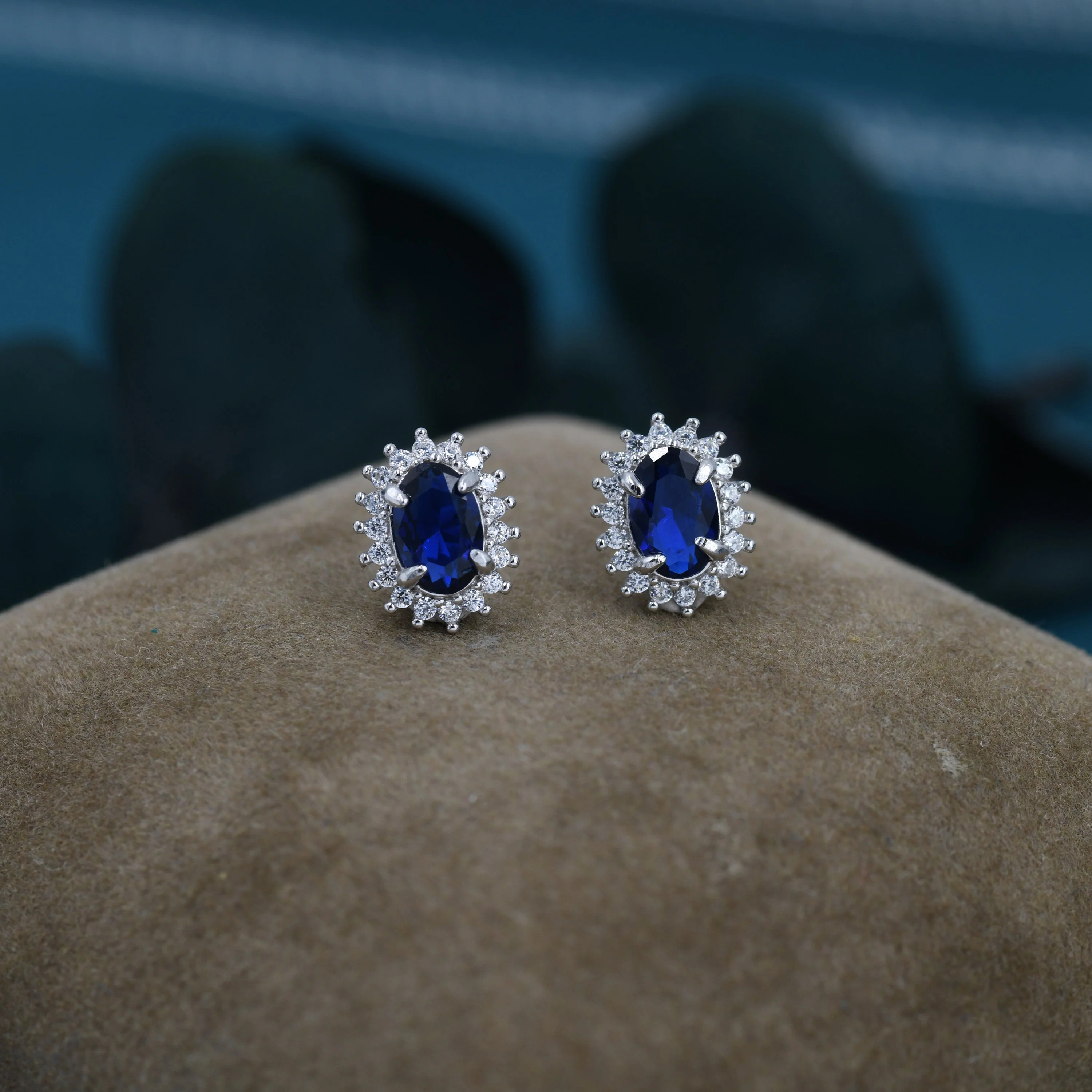 Sapphire Blue CZ Stud Earrings in Sterling Silver, Blue Oval Crystal Stud Earrings, September Birthstone - Image 6