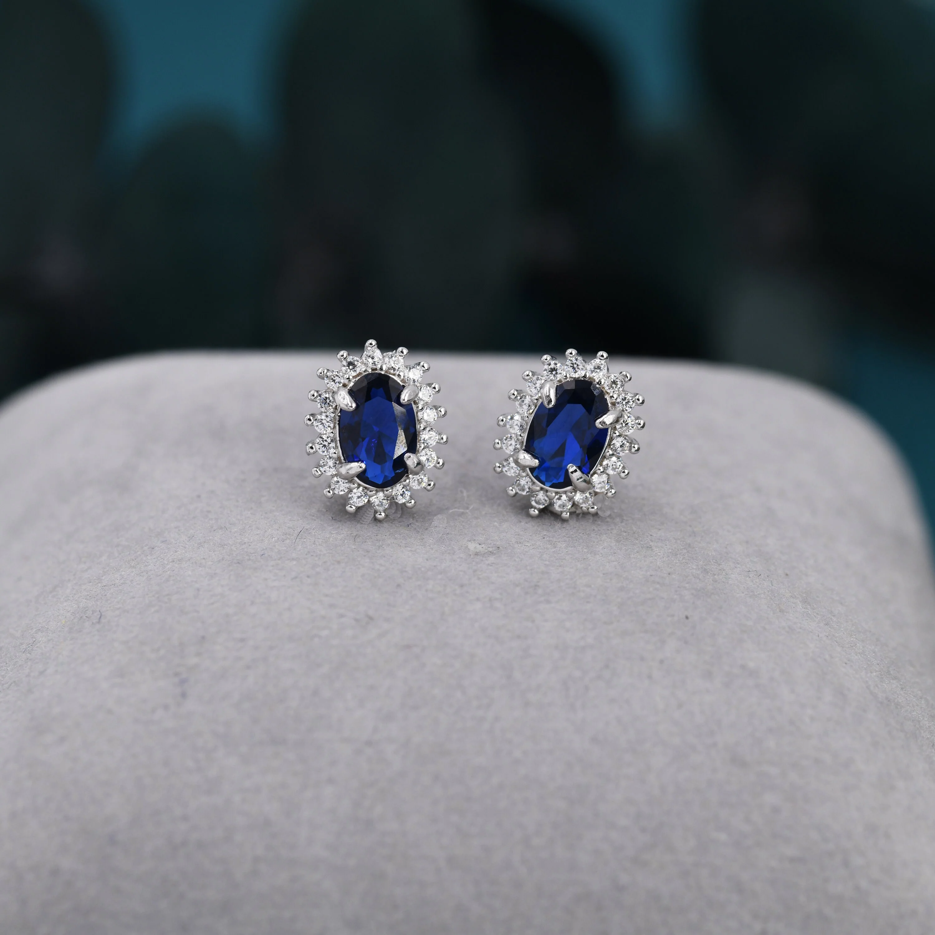 Sapphire Blue CZ Stud Earrings in Sterling Silver, Blue Oval Crystal Stud Earrings, September Birthstone - Image 7