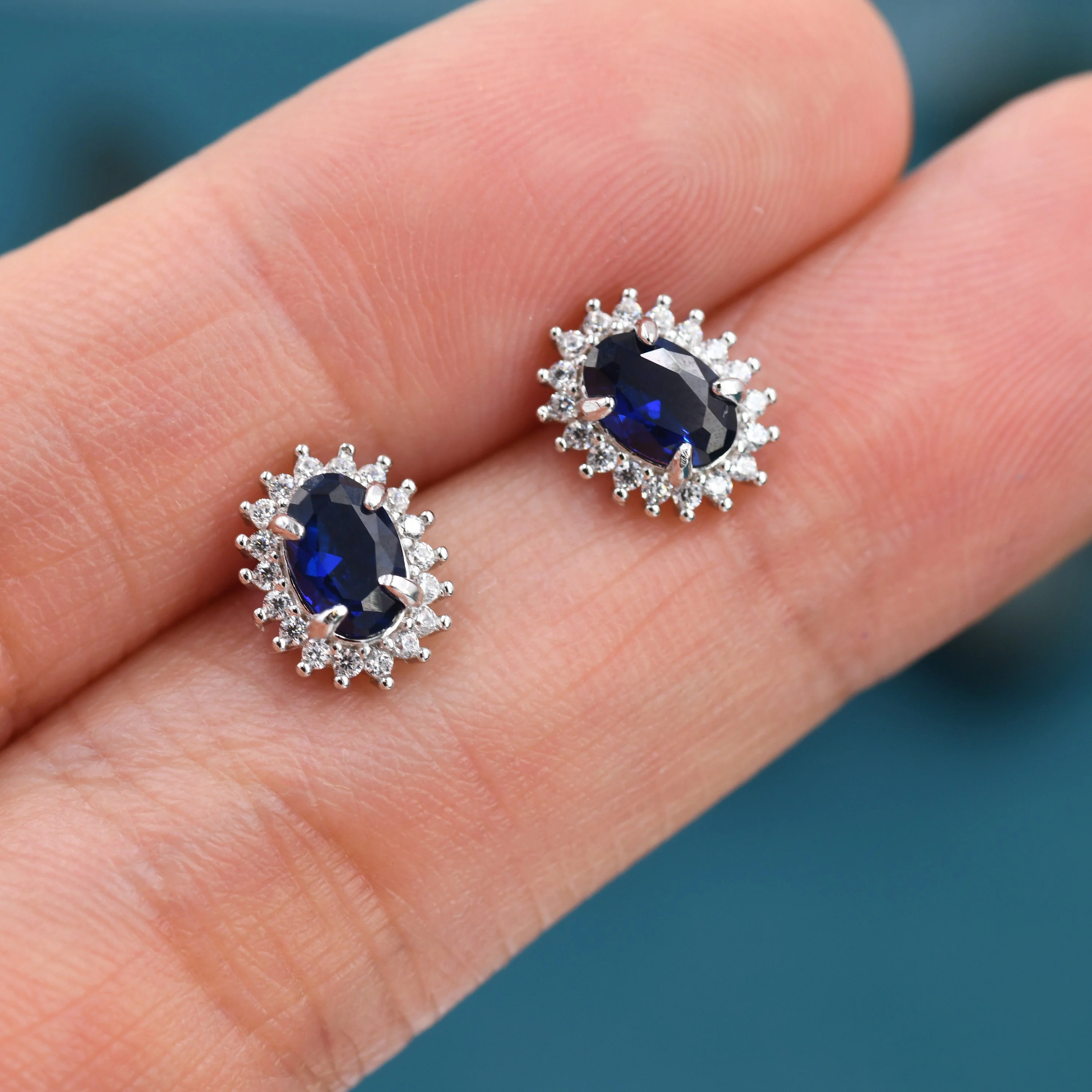 Sapphire Blue CZ Stud Earrings in Sterling Silver, Blue Oval Crystal Stud Earrings, September Birthstone - Image 8
