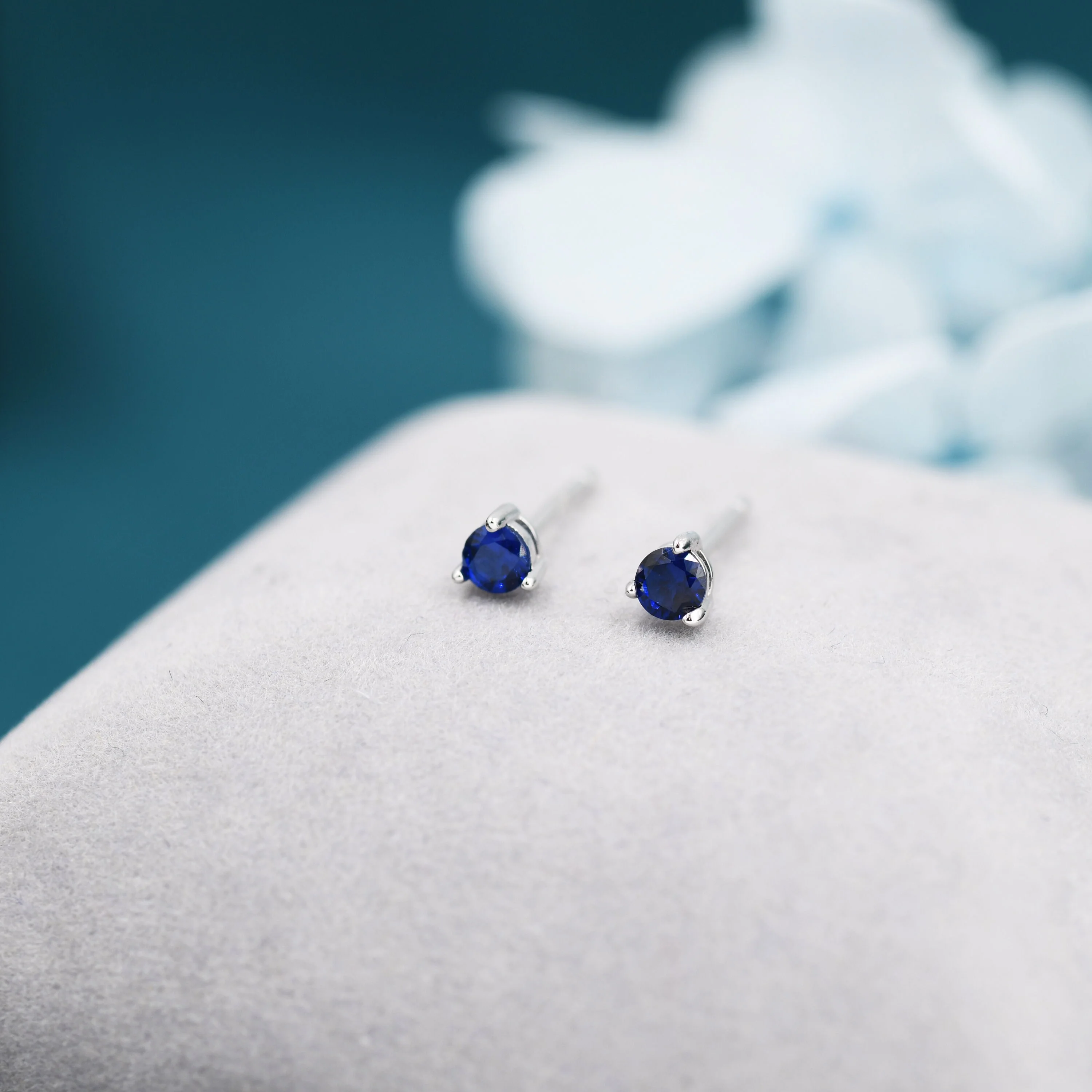 Sapphire Blue CZ Stud Earrings in Sterling Silver, Silver or Gold, 3mm, Three Prong, Blue Stacking Earrings, September Birthstone - Image 2