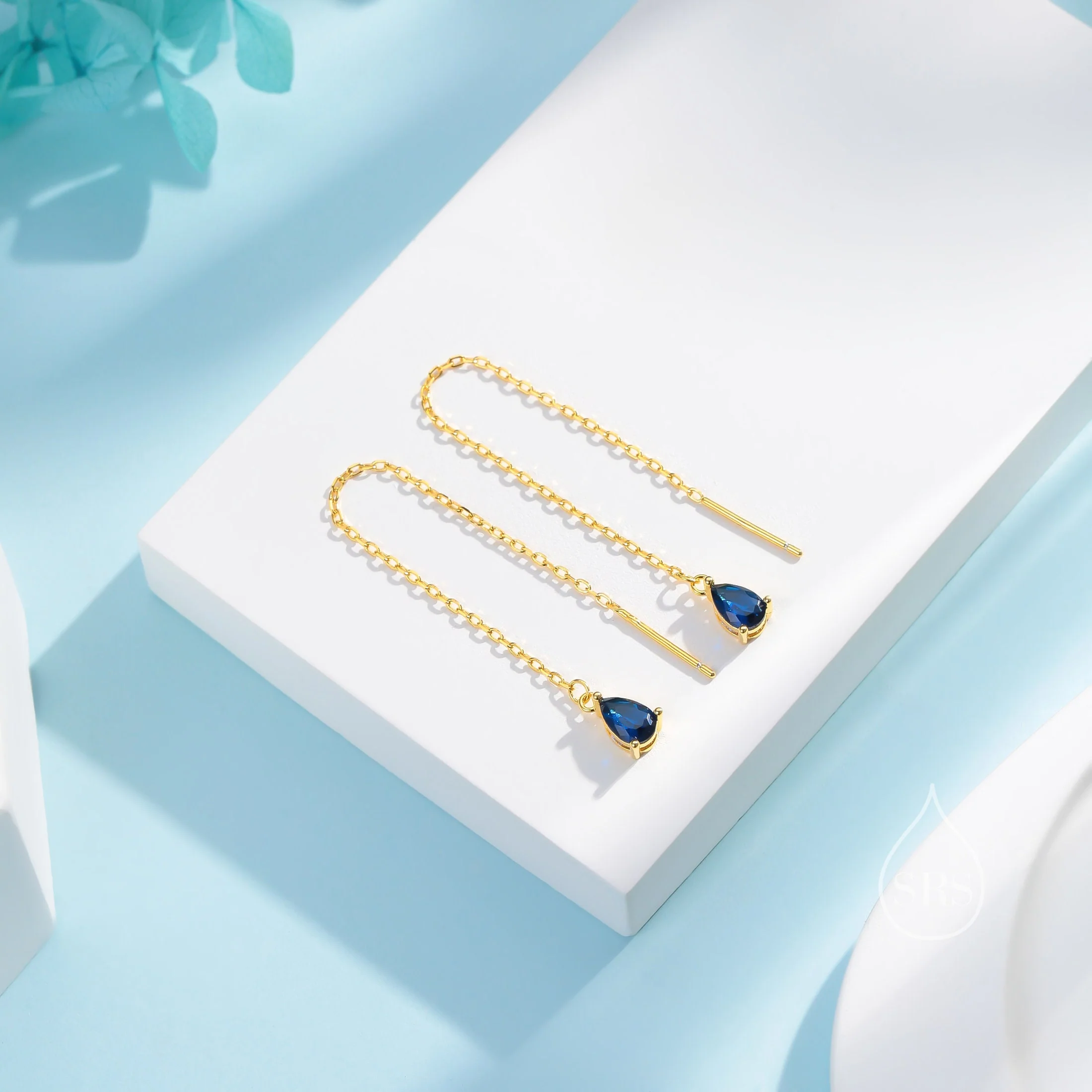 Sapphire Blue Droplet CZ Threader Earrings in Sterling Silver, Silver or Gold, Tiny Pear Shape Crystal Ear Threaders, Prong Set CZ Earring - Image 2