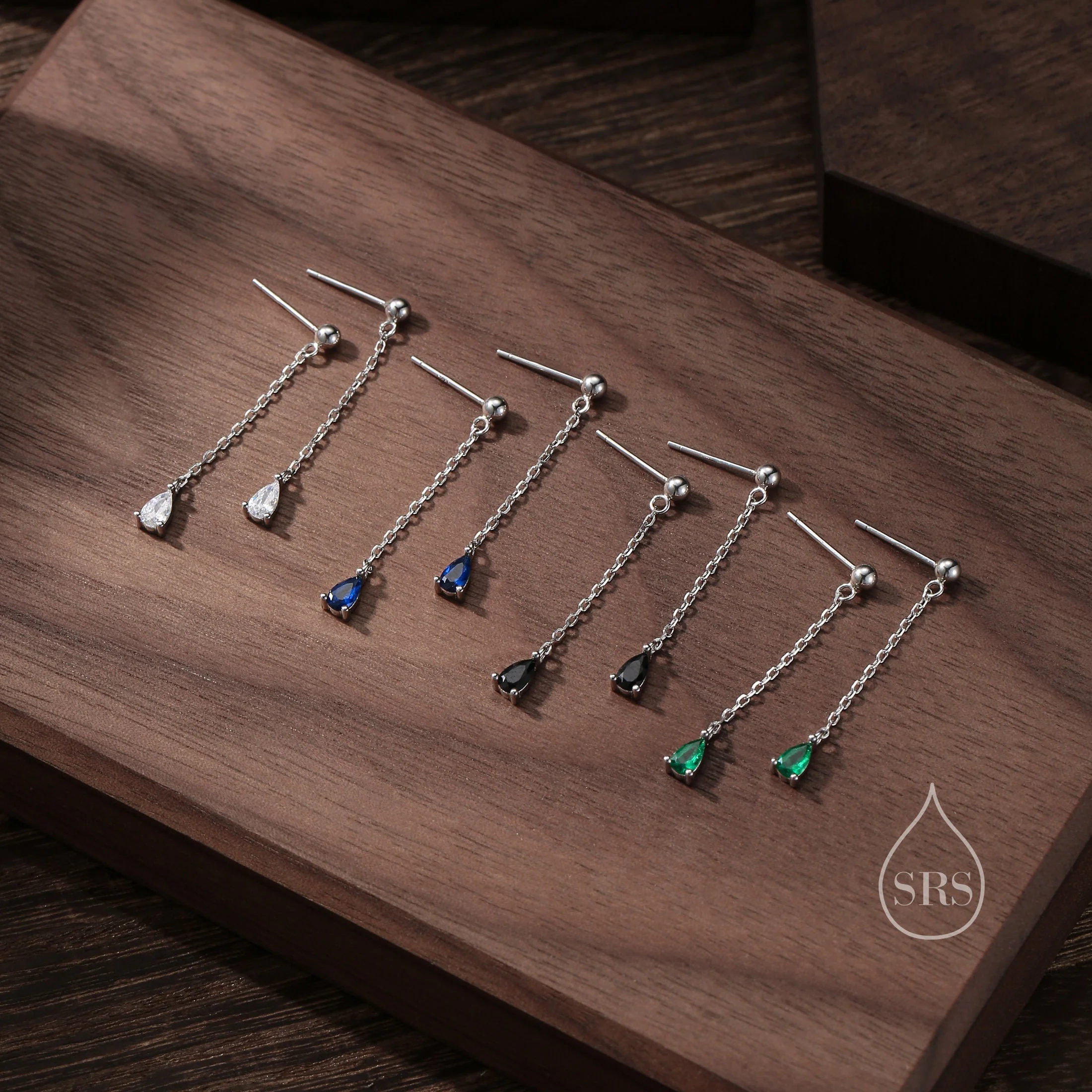 Sapphire Blue Droplet CZ with Chain Dangle Stud Earrings in Sterling Silver, Silver or Gold, Blue CZ Pear Drop Earrings - Image 7