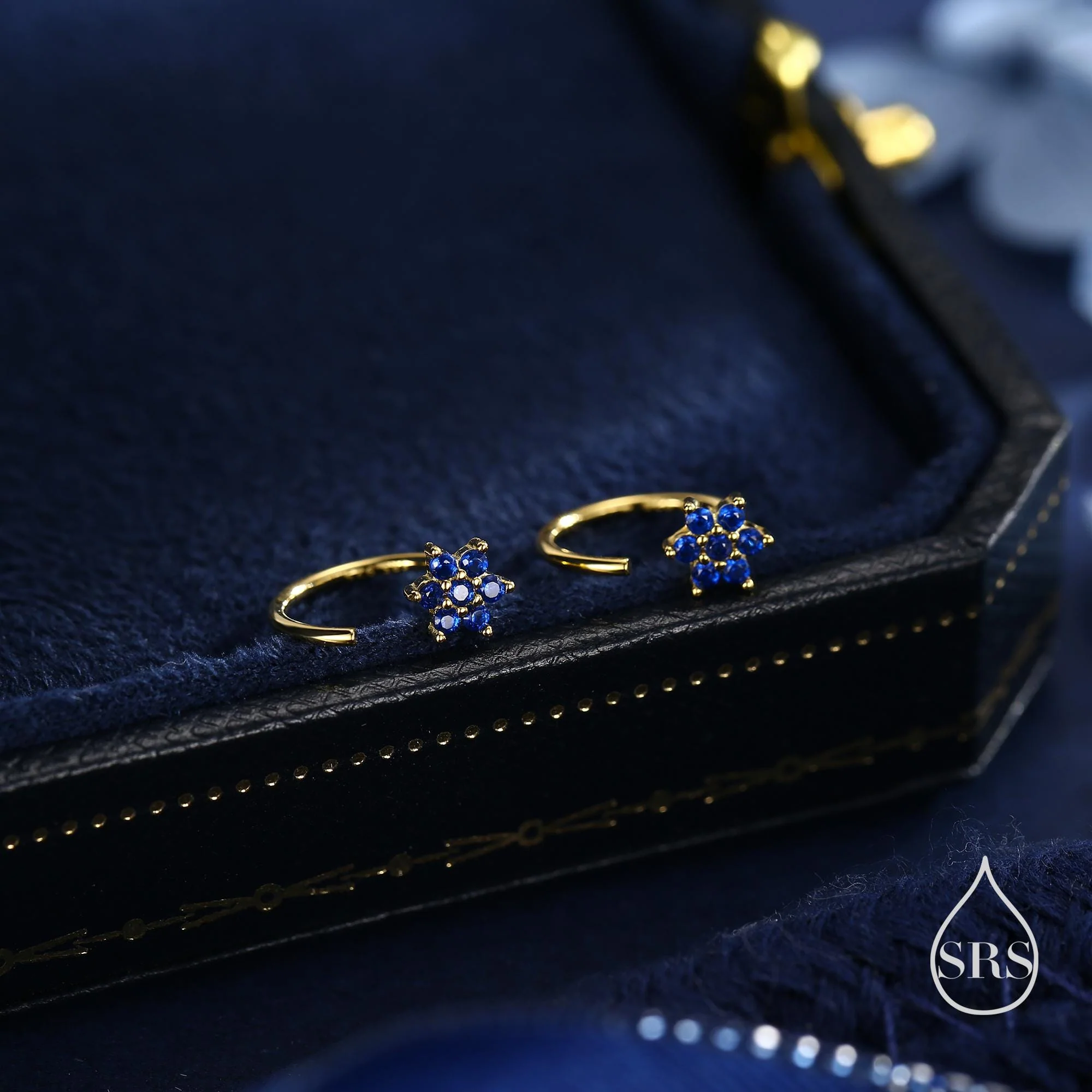 Sapphire Blue Flower Huggie Hoop Earrings in Sterling Silver, Tiny CZ Cluster Open Hoops, Pull Through Threaders, Half Hoops - Image 6