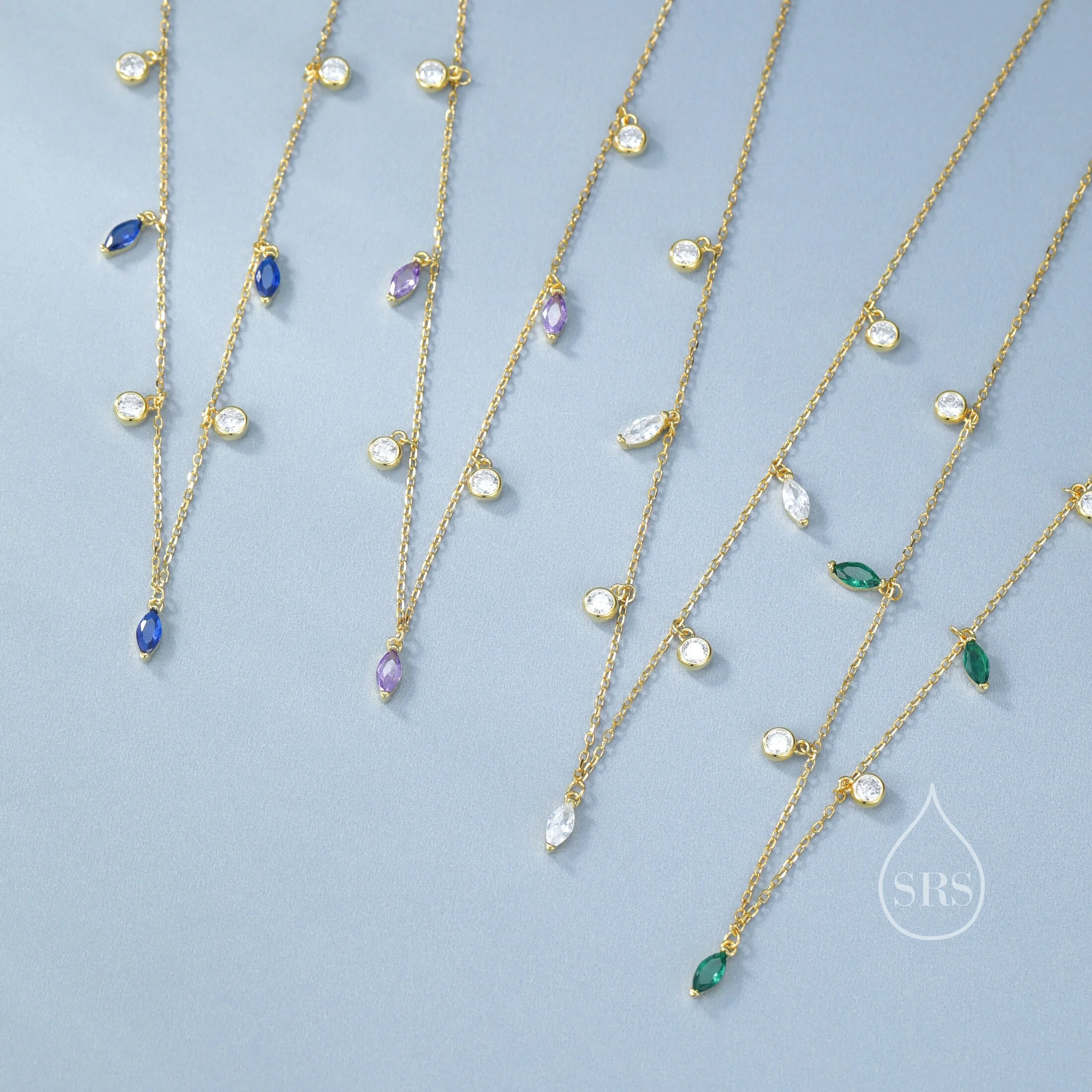 Sapphire Blue Marquise CZ Dangle Necklace in Sterling Silver, Silver or Gold, Satellite Crystal Necklace, Solid Silver Motif Necklace - Image 10