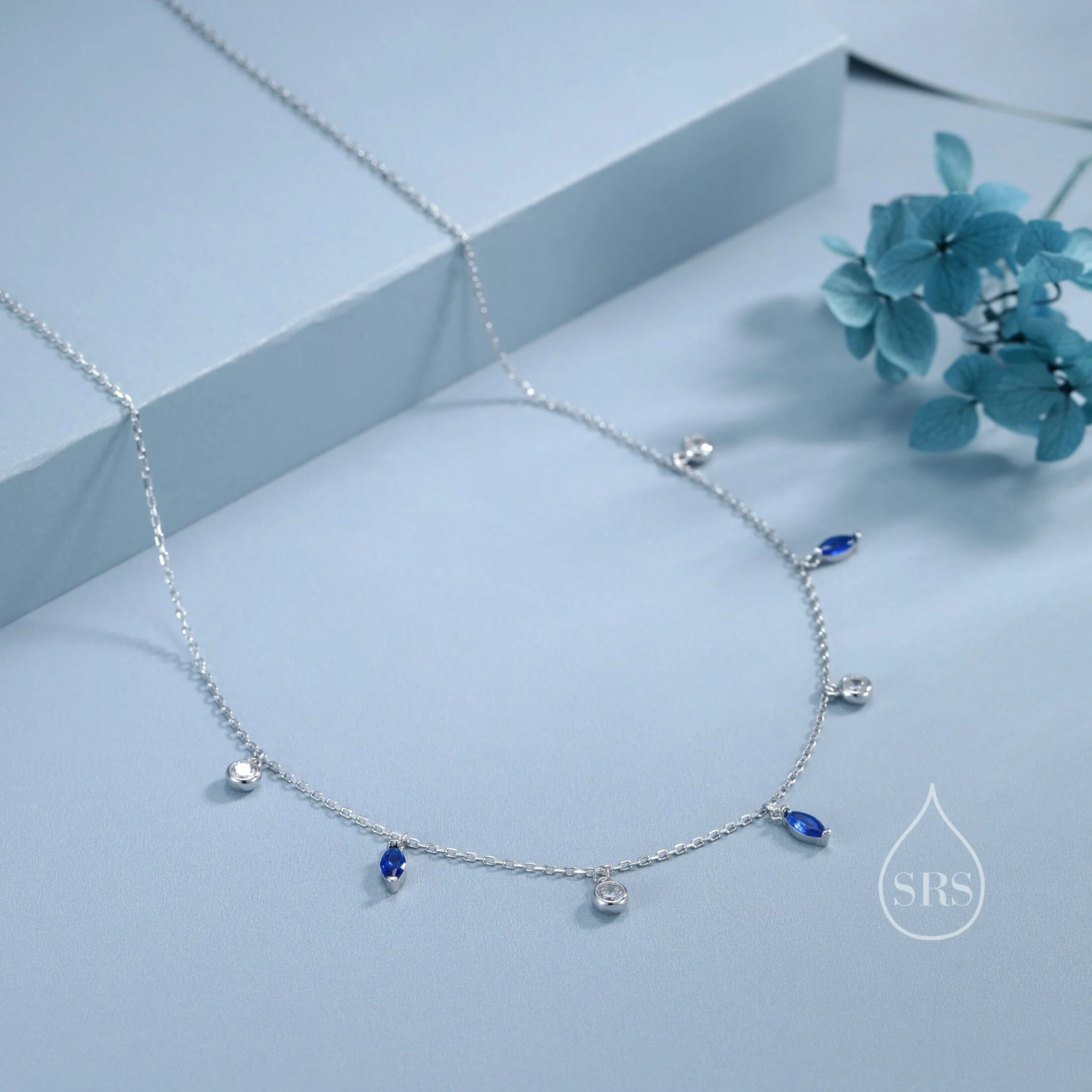 Sapphire Blue Marquise CZ Dangle Necklace in Sterling Silver, Silver or Gold, Satellite Crystal Necklace, Solid Silver Motif Necklace - Image 4