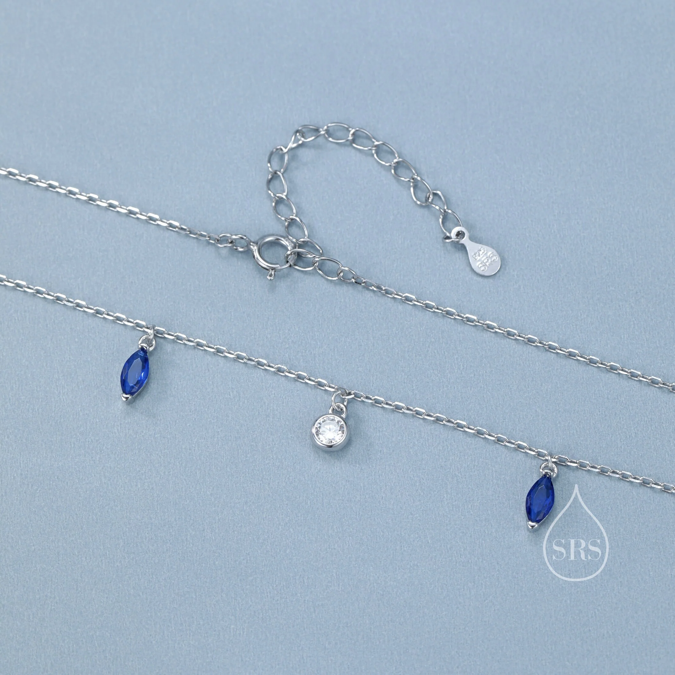 Sapphire Blue Marquise CZ Dangle Necklace in Sterling Silver, Silver or Gold, Satellite Crystal Necklace, Solid Silver Motif Necklace - Image 7