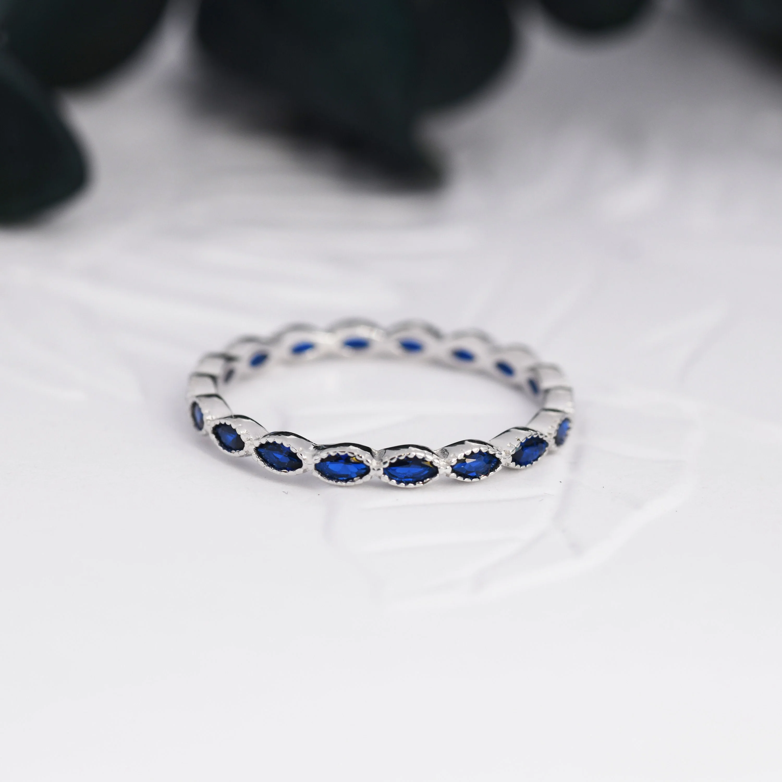 Sapphire Blue Marquise CZ Infinity Ring in Sterling Silver, Skinny Marquise Ring US 5 - 8