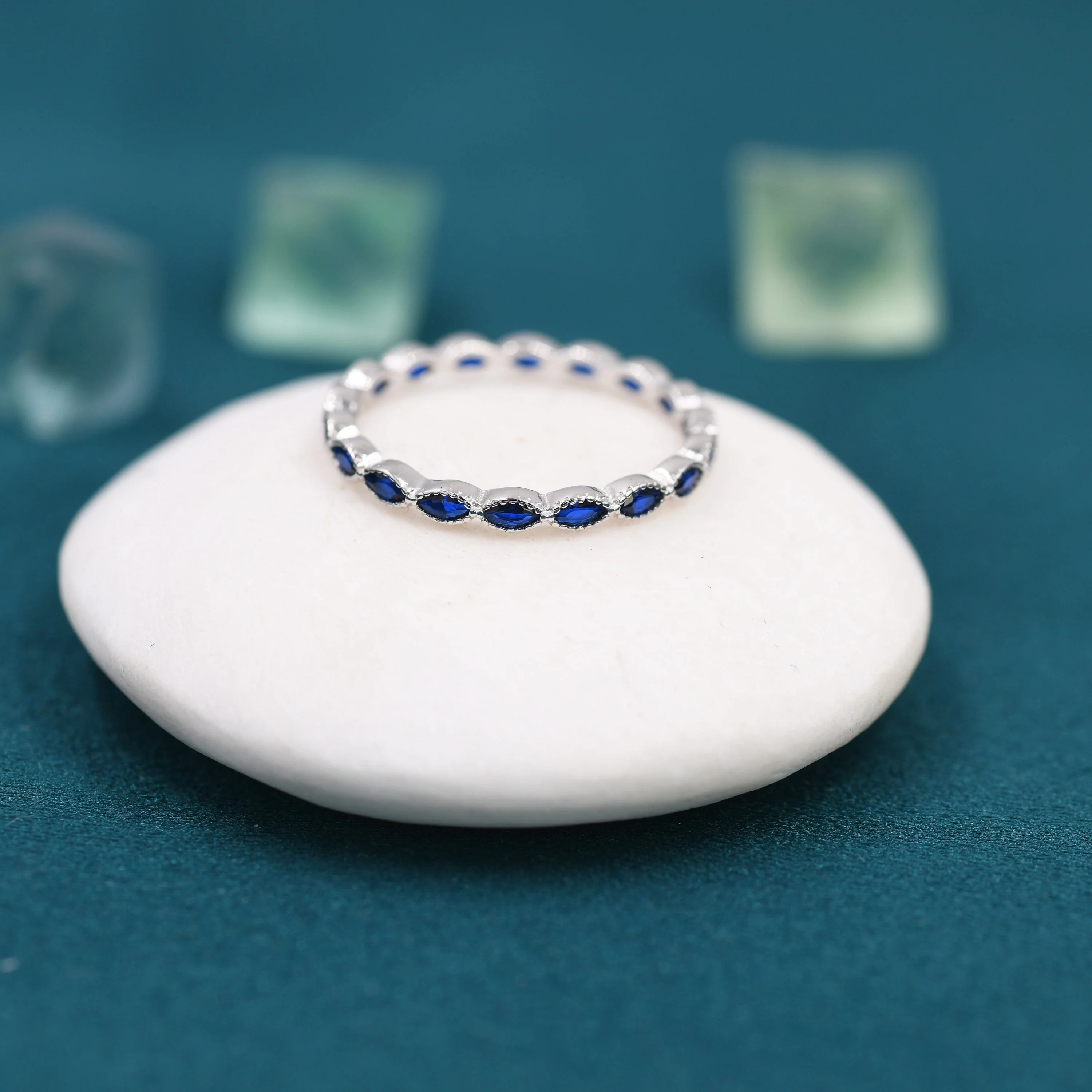 Sapphire Blue Marquise CZ Infinity Ring in Sterling Silver, Skinny Marquise Ring US 5 - 8 - Image 2