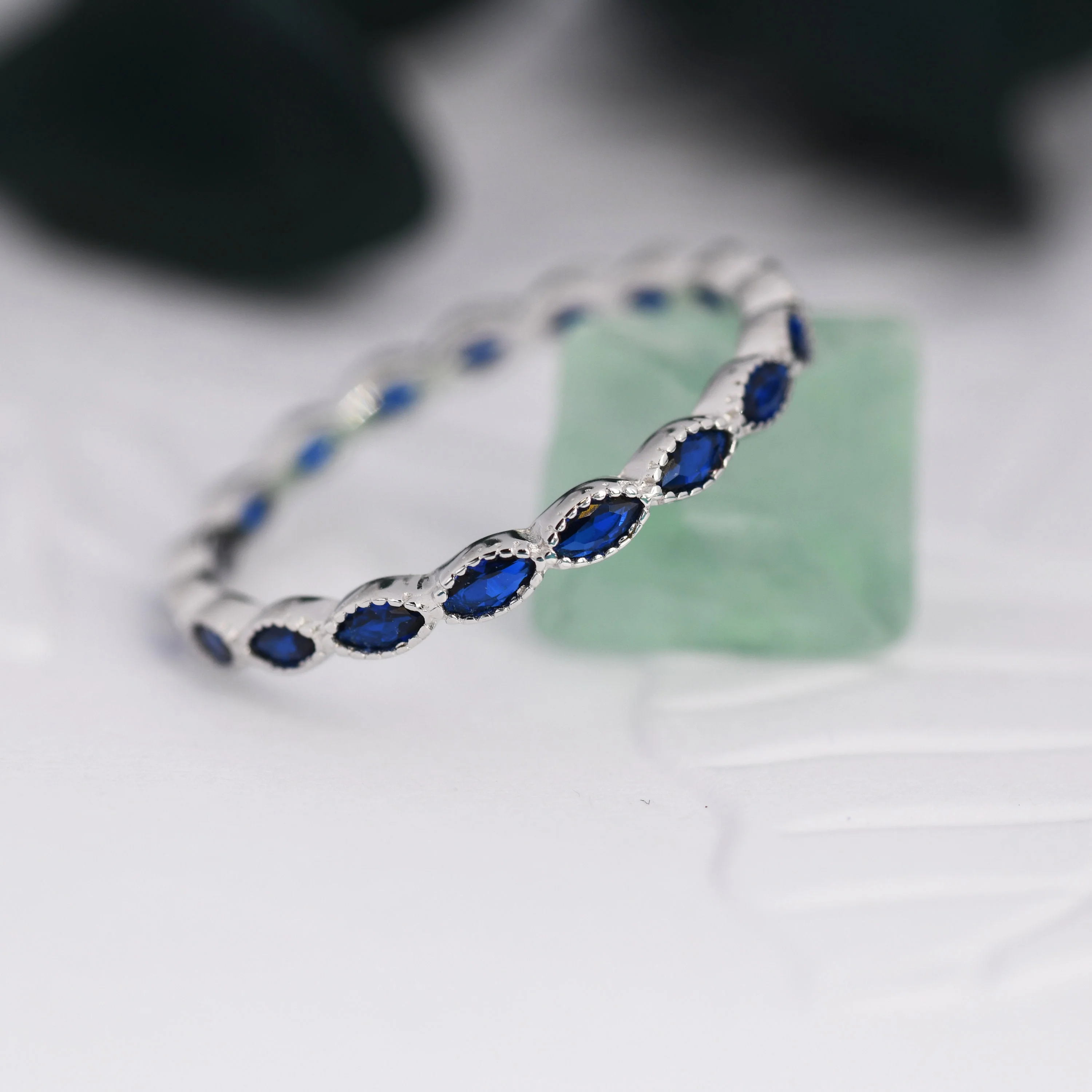 Sapphire Blue Marquise CZ Infinity Ring in Sterling Silver, Skinny Marquise Ring US 5 - 8 - Image 3