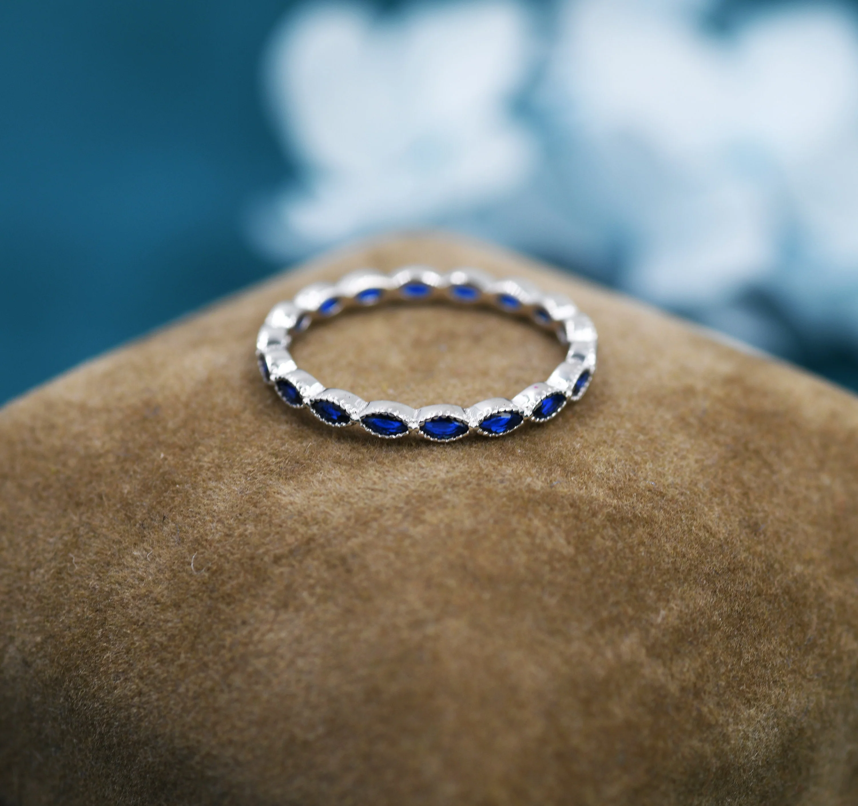 Sapphire Blue Marquise CZ Infinity Ring in Sterling Silver, Skinny Marquise Ring US 5 - 8 - Image 4