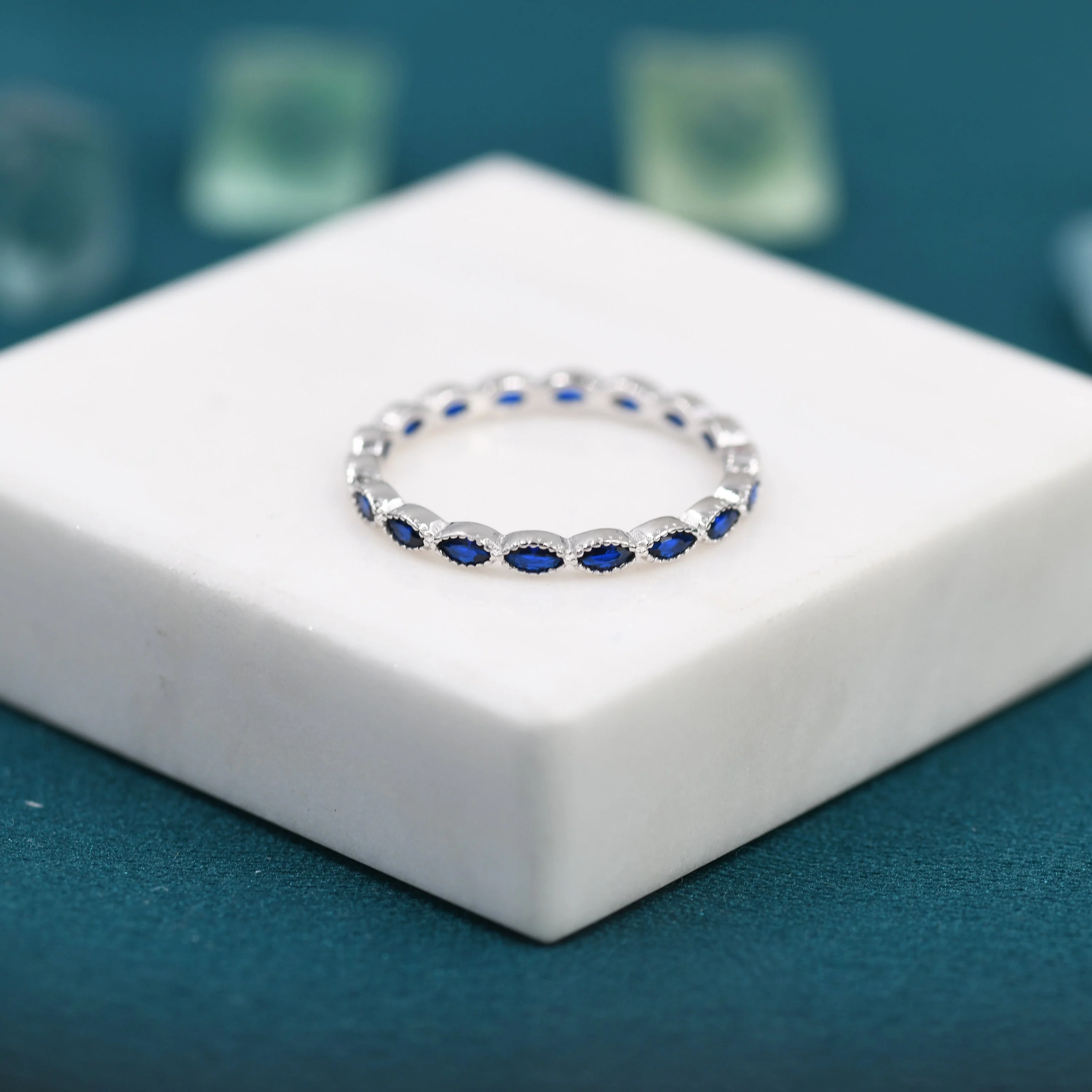 Sapphire Blue Marquise CZ Infinity Ring in Sterling Silver, Skinny Marquise Ring US 5 - 8 - Image 6
