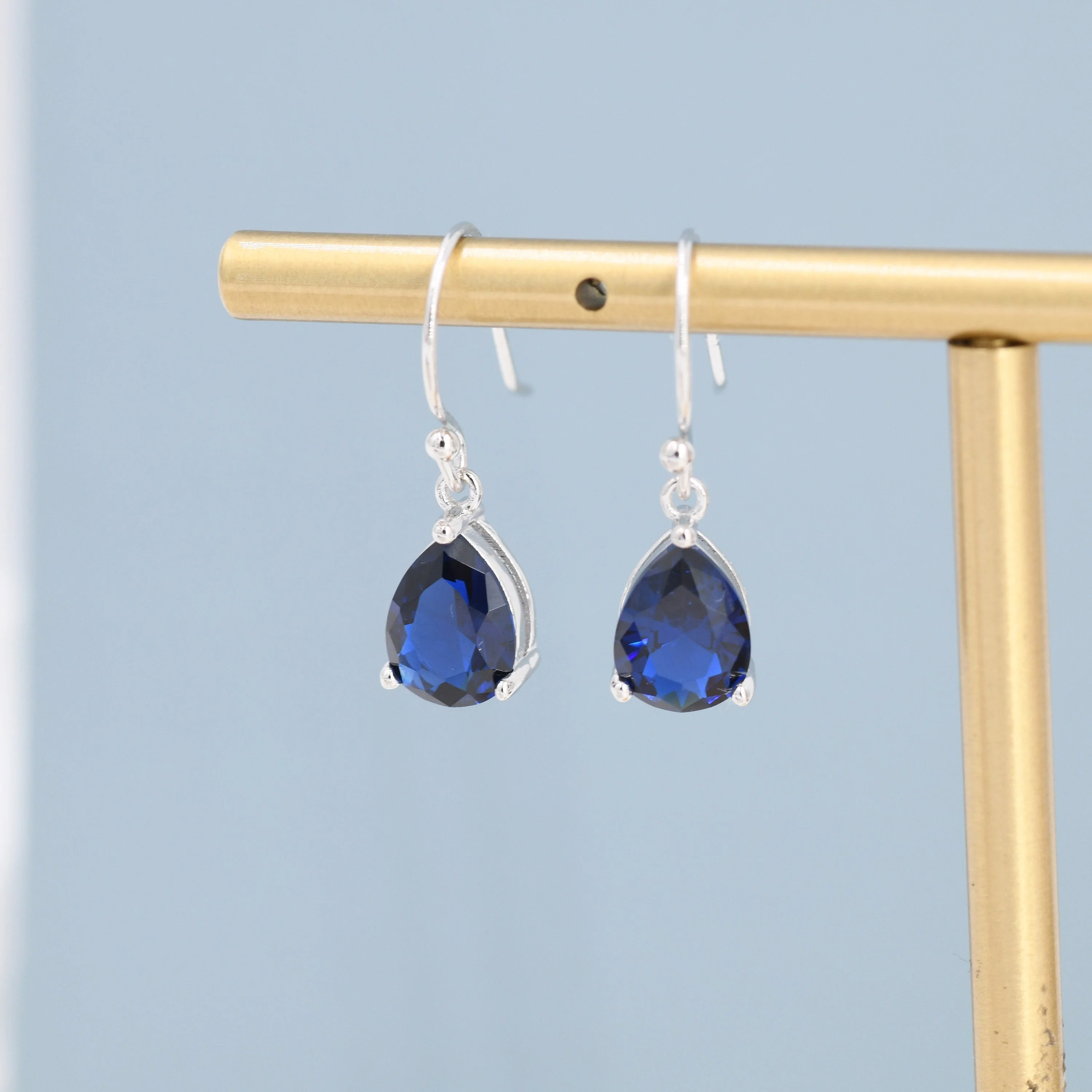 Sapphire Blue Pear Cut CZ Drop Earrings in Sterling Silver, Silver or Gold, Blue Droplet Dangle Earrings - Image 3