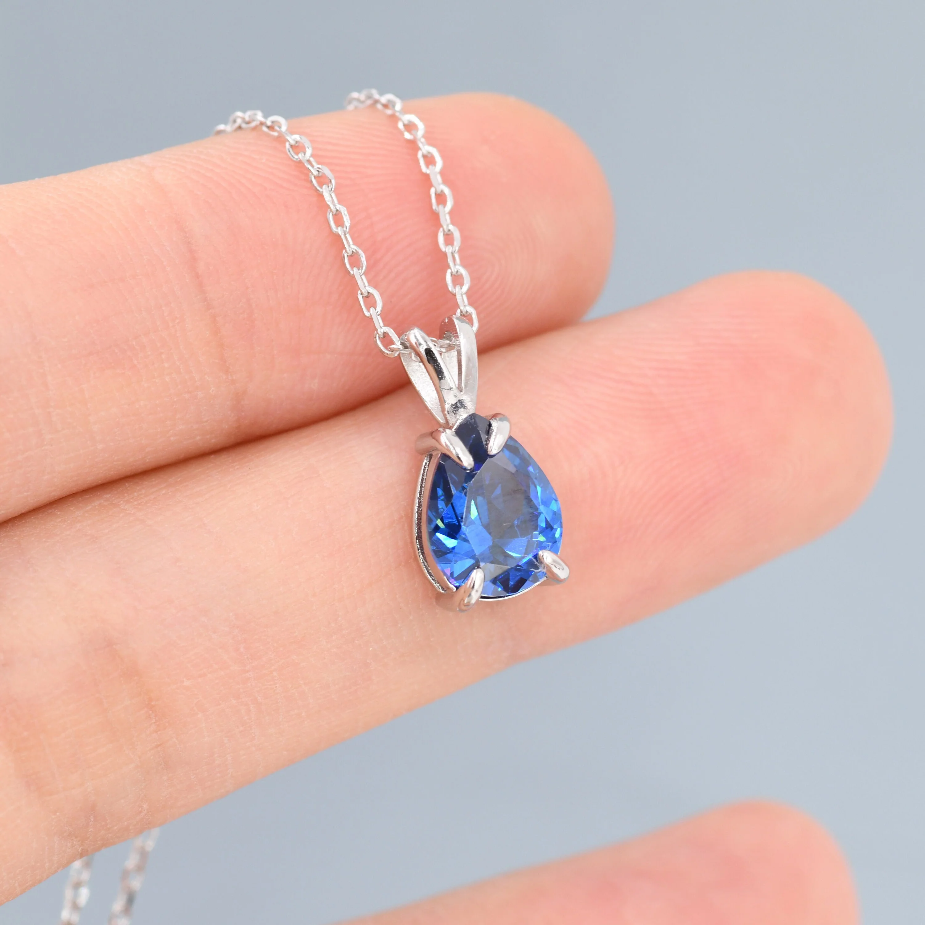 Sapphire Blue Pear Cut CZ Necklace in Sterling Silver, 7 x 9mm, Blue Droplet necklace, Diamond CZ, September Birthstone - Image 2