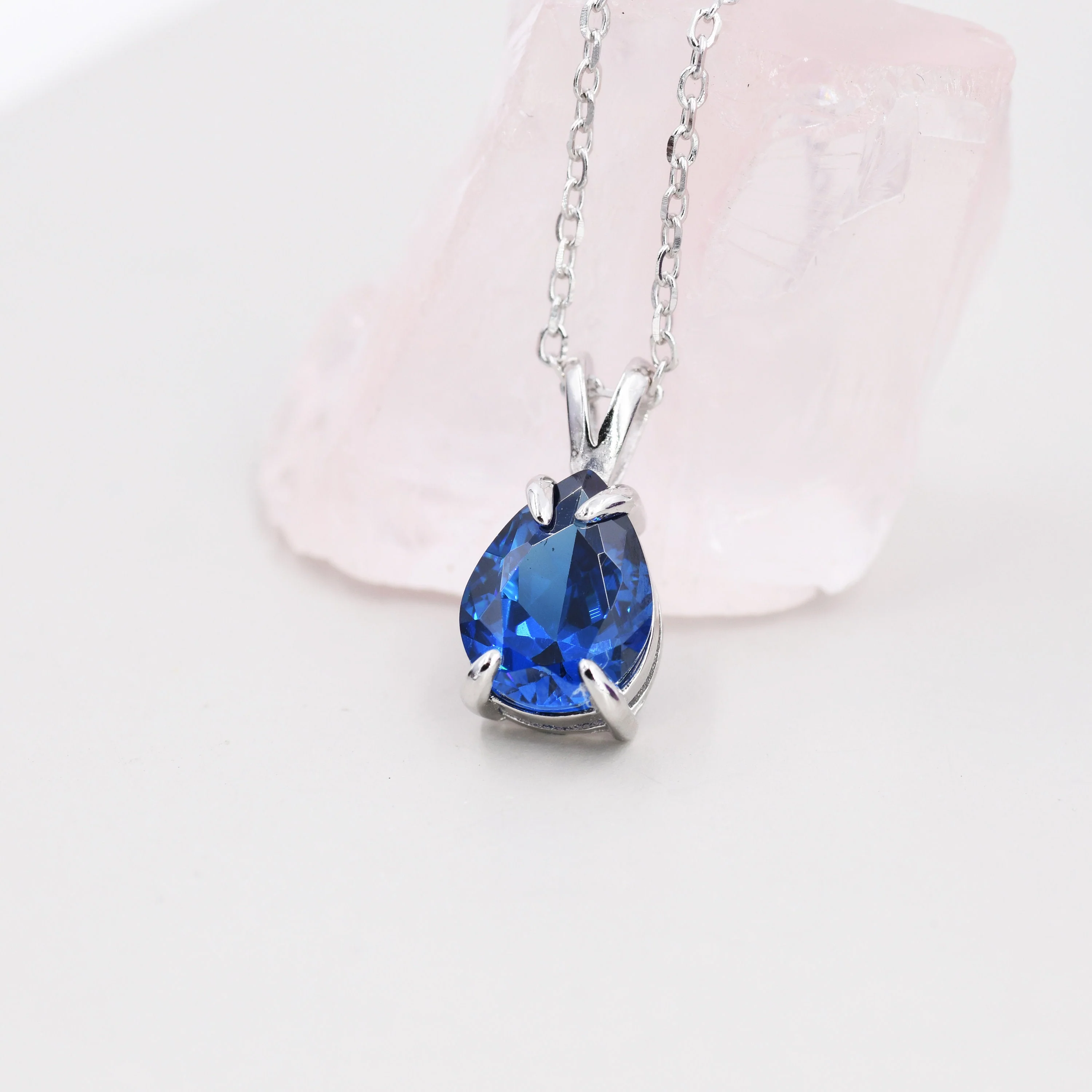 Sapphire Blue Pear Cut CZ Necklace in Sterling Silver, 7 x 9mm, Blue Droplet necklace, Diamond CZ, September Birthstone - Image 4