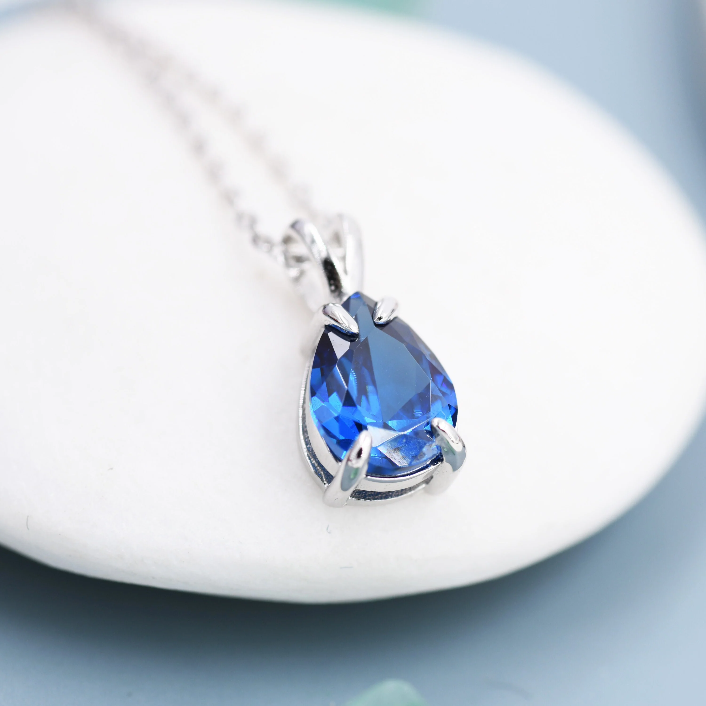 Sapphire Blue Pear Cut CZ Necklace in Sterling Silver, 7 x 9mm, Blue Droplet necklace, Diamond CZ, September Birthstone - Image 5
